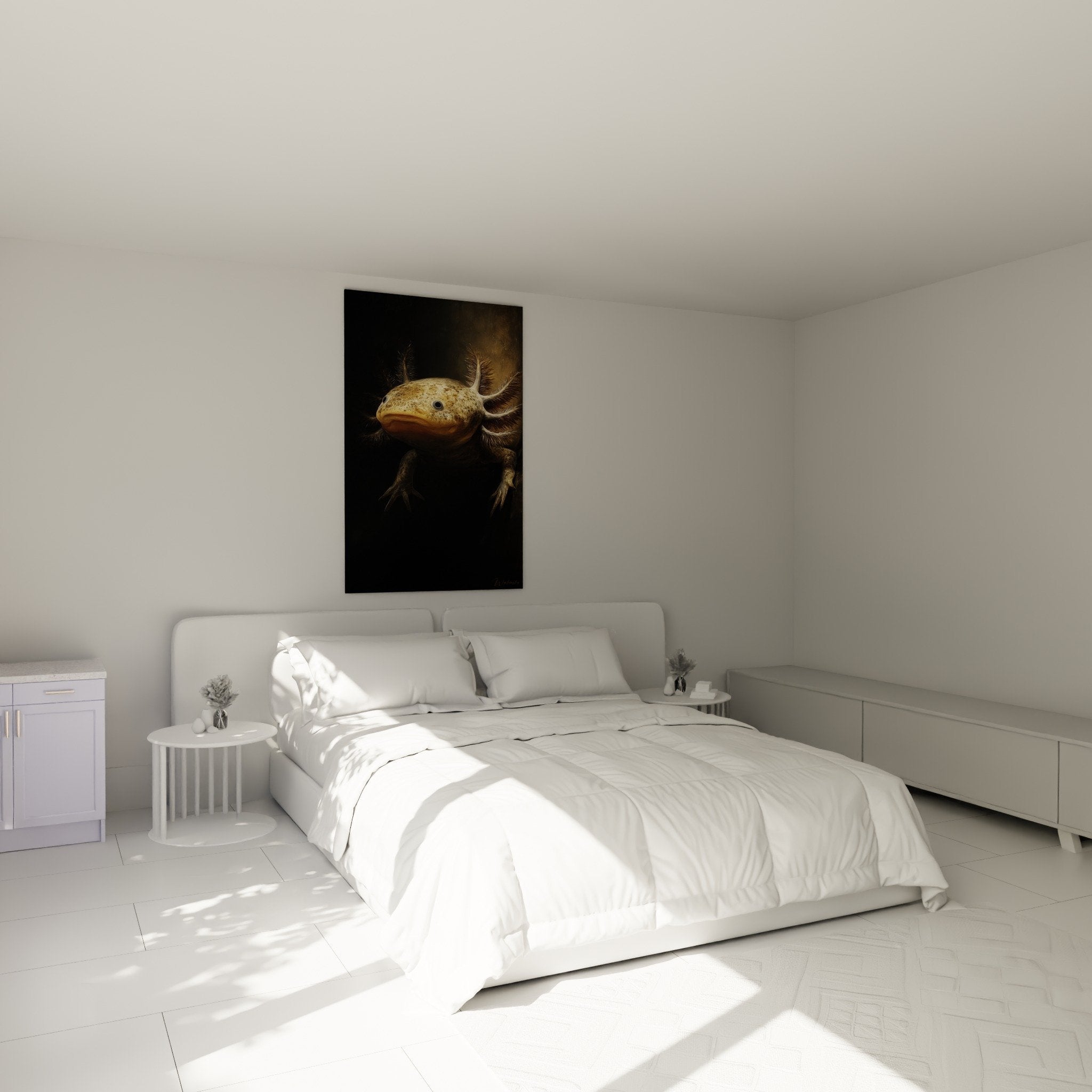 Tableau axolotl doré installé dans chambre moderne aux tons neutres