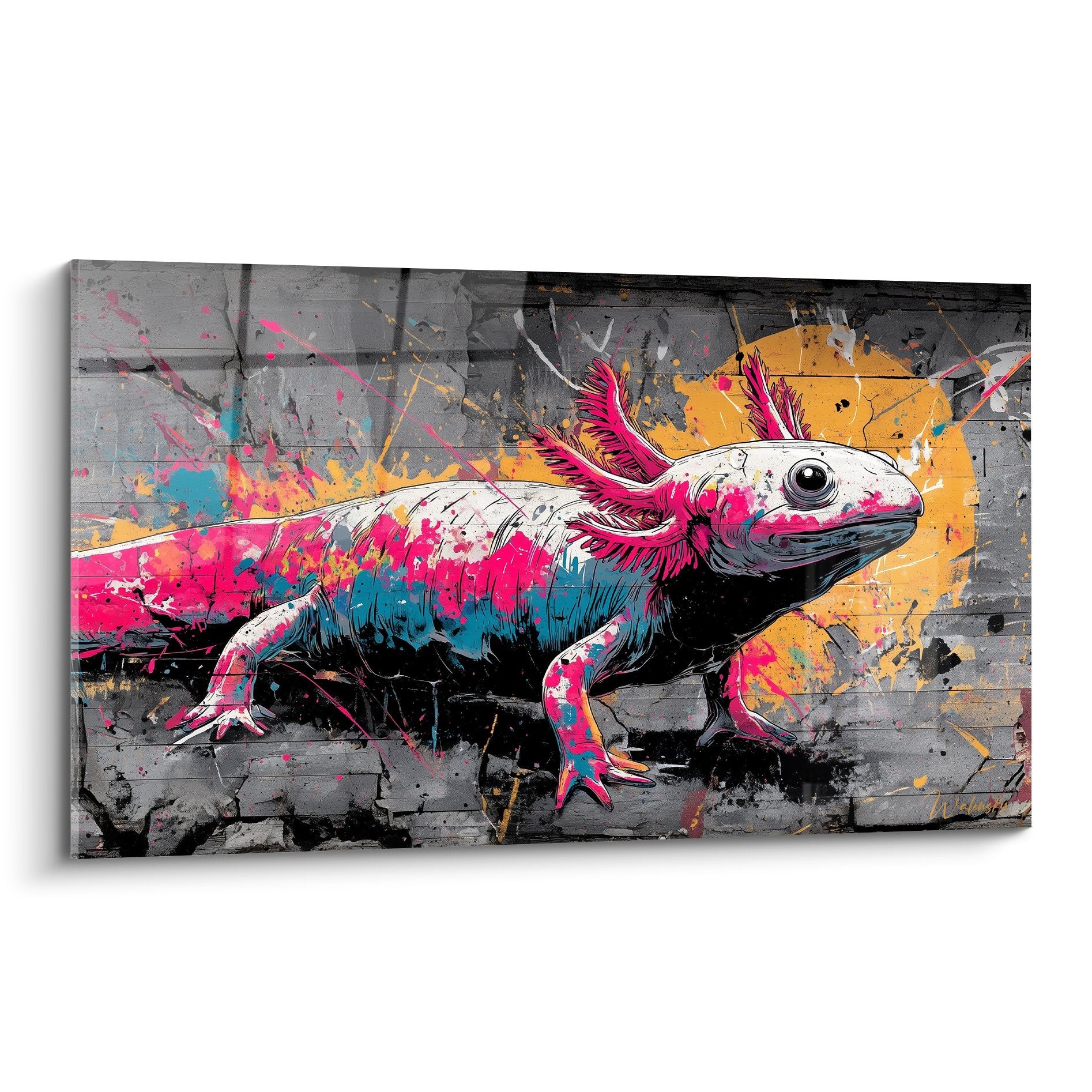 Tableau axolotl rose et turquoise style graffiti sur mur de briques avec éclaboussures de peinture colorées