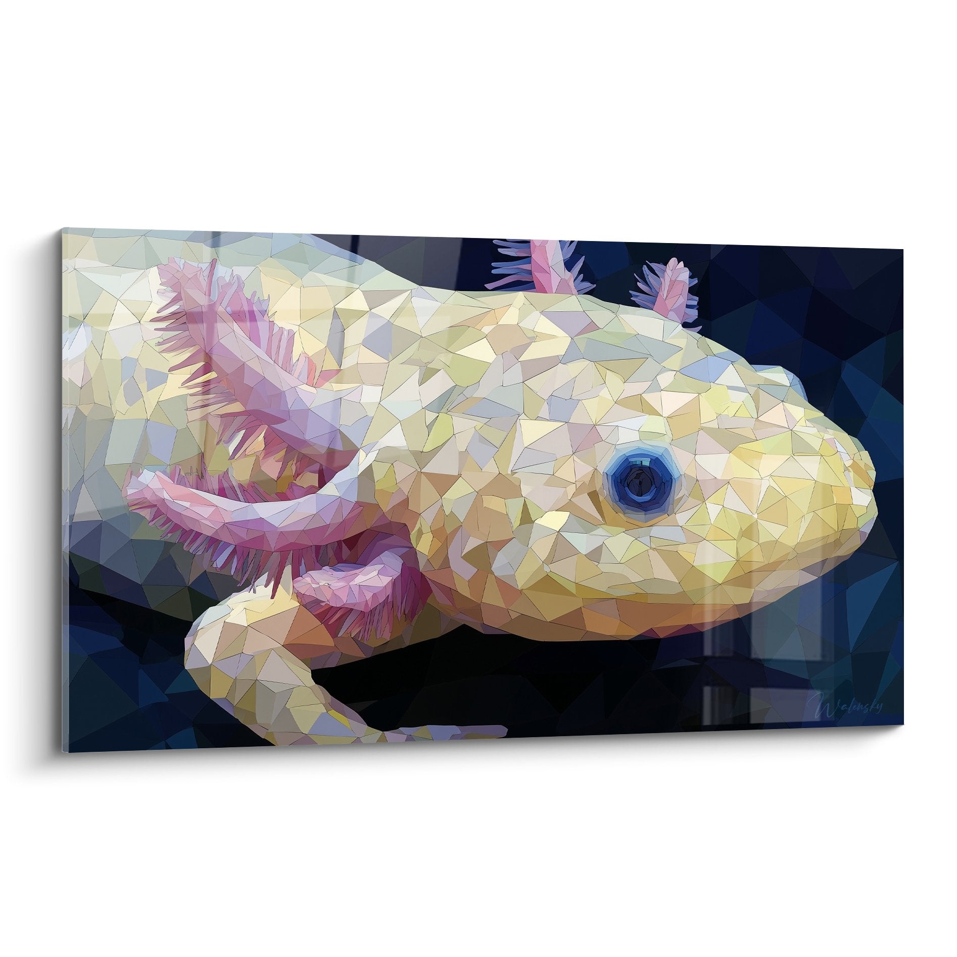 Axolotl-Kunstwerk polygonal Töne golden rosa Kiemen marineblauem Hintergrund zeitgenössischer geometrischer Stil