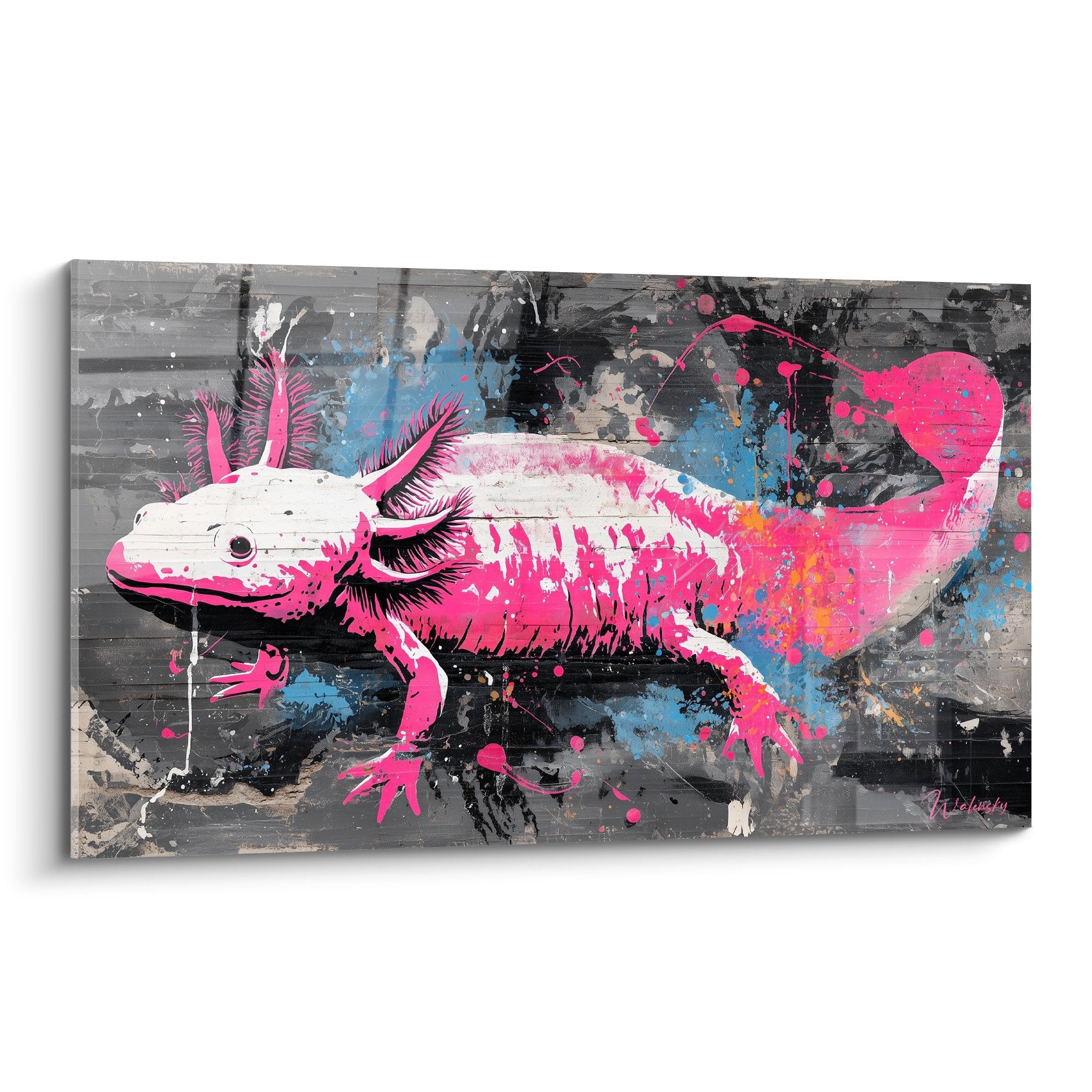 Tableau axolotl rose fuchsia et bleu sur fond graffiti urbain avec eclaboussures de peinture colorees