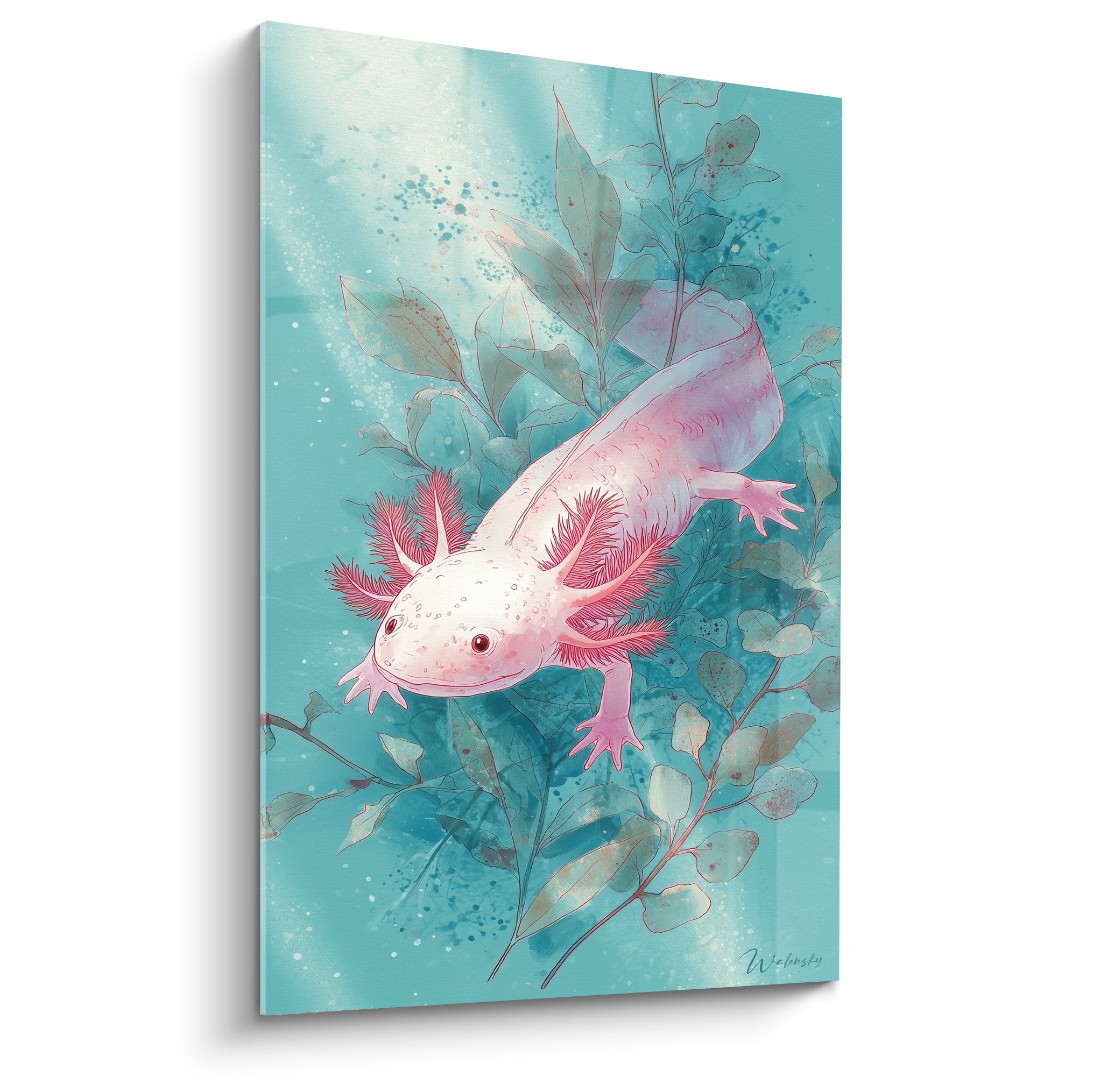 Tableau axolotl rose aux branchies écarlates dans végétation aquatique turquoise, style aquarelle poétique