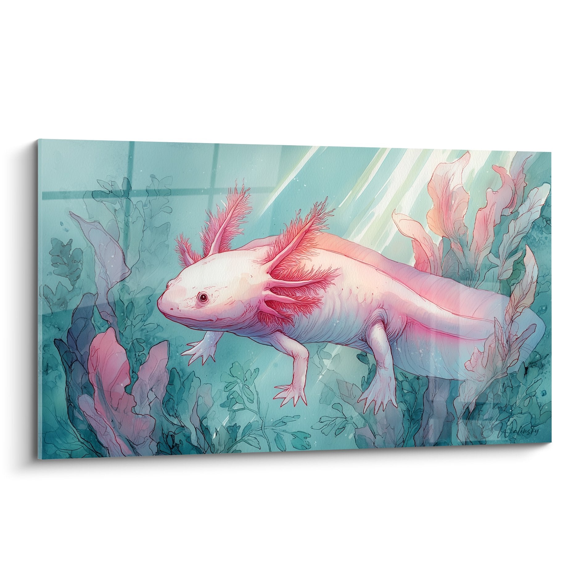 tableau axolotl rose branchies corail jardin aquatique turquoise decoration murale