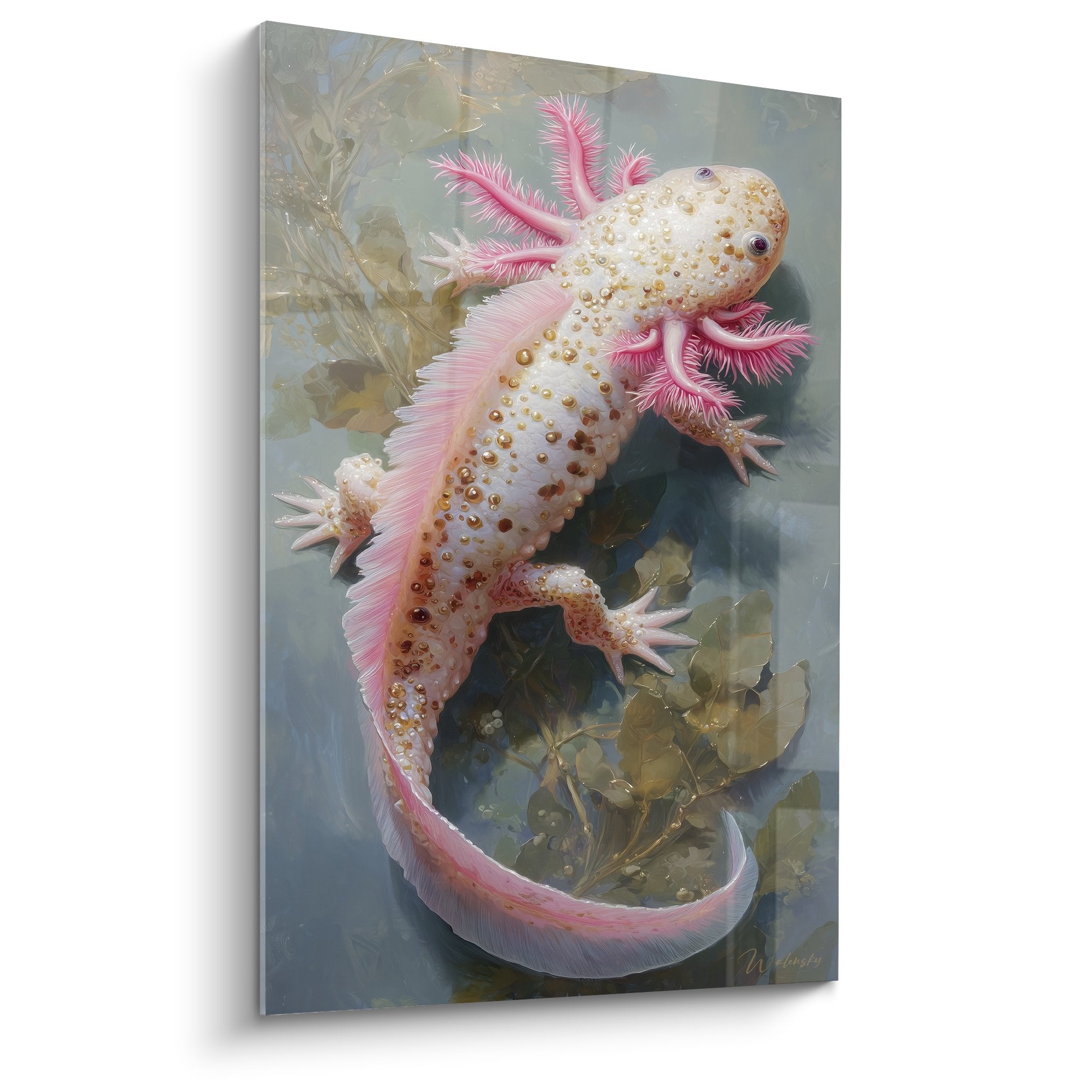 Tableau axolotl rose pastel aux branchies plumeuses et corps nacré ponctué d'or dans décor aquatique végétal