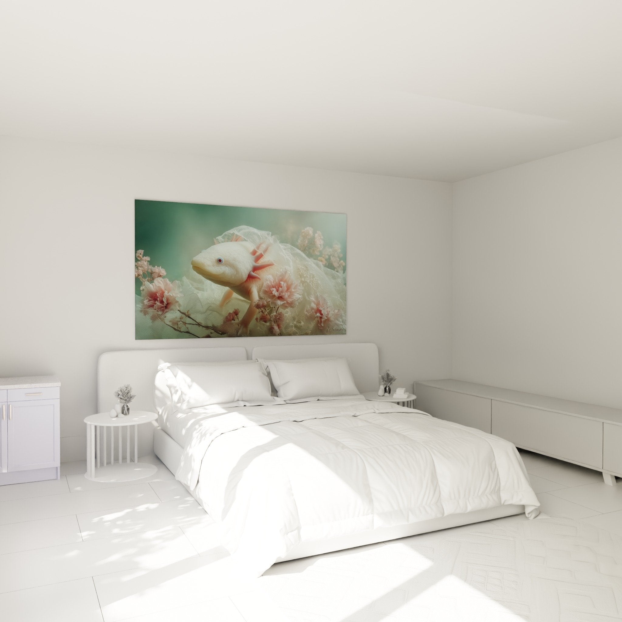 Tableau axolotl blanc tulle roses decoration murale chambre ambiance douce romantique