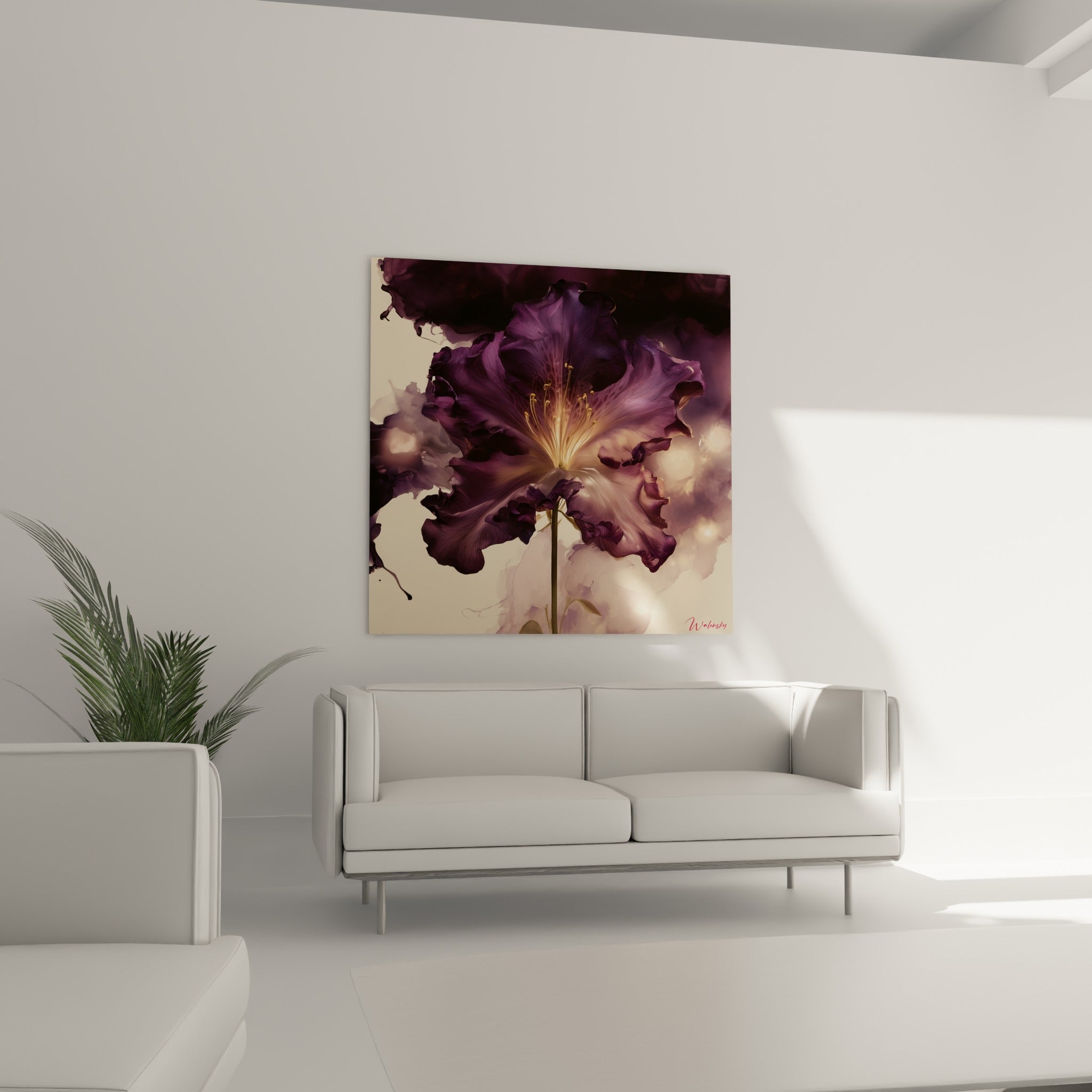 Pétales Azalée mauve et aubergine baignés de lumière dorée, placés au-dessus d'un canapé dans un salon lumineux