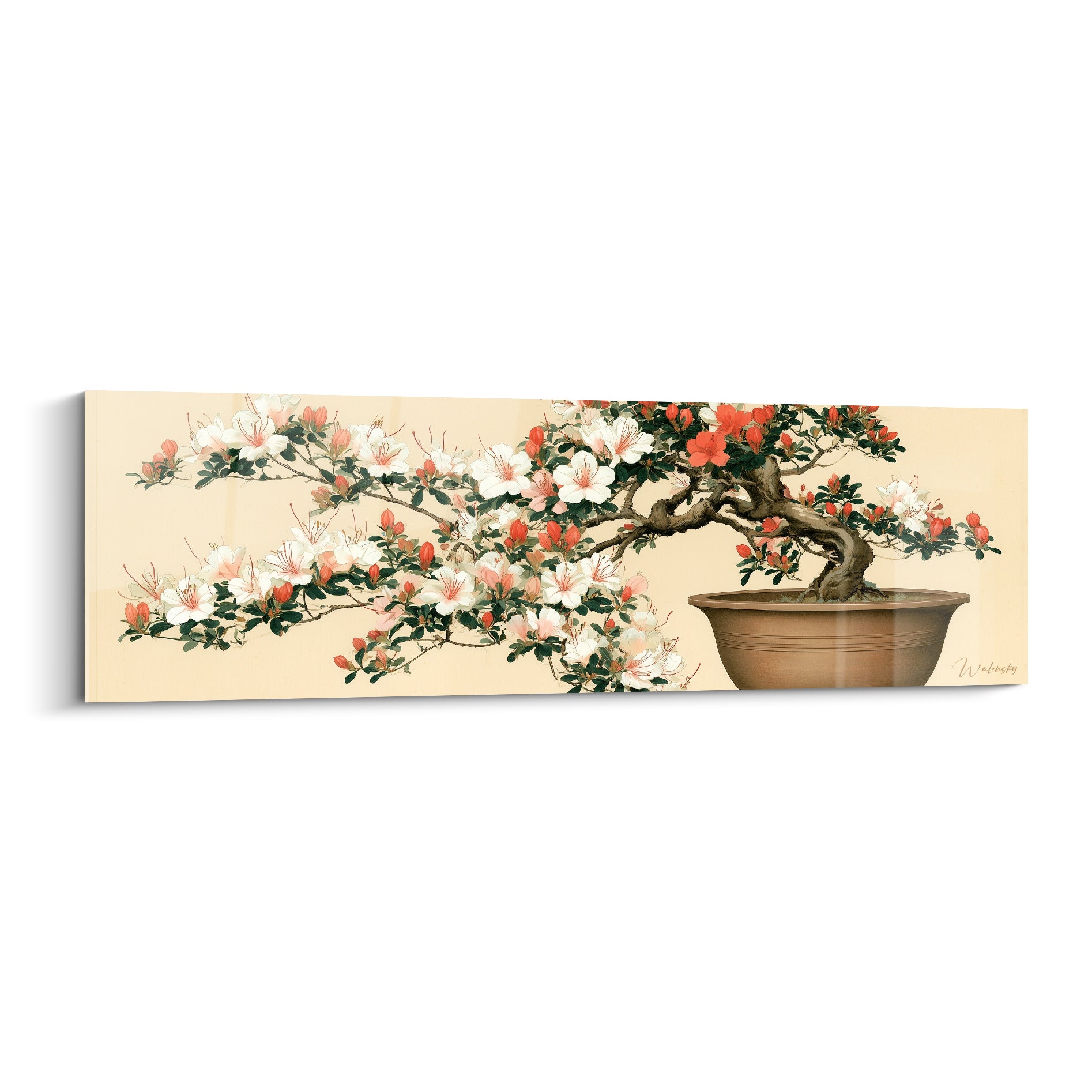 Azalée en fleurs blanches et corail sur pot terracotta, branches sinueuses peintes avec finesse