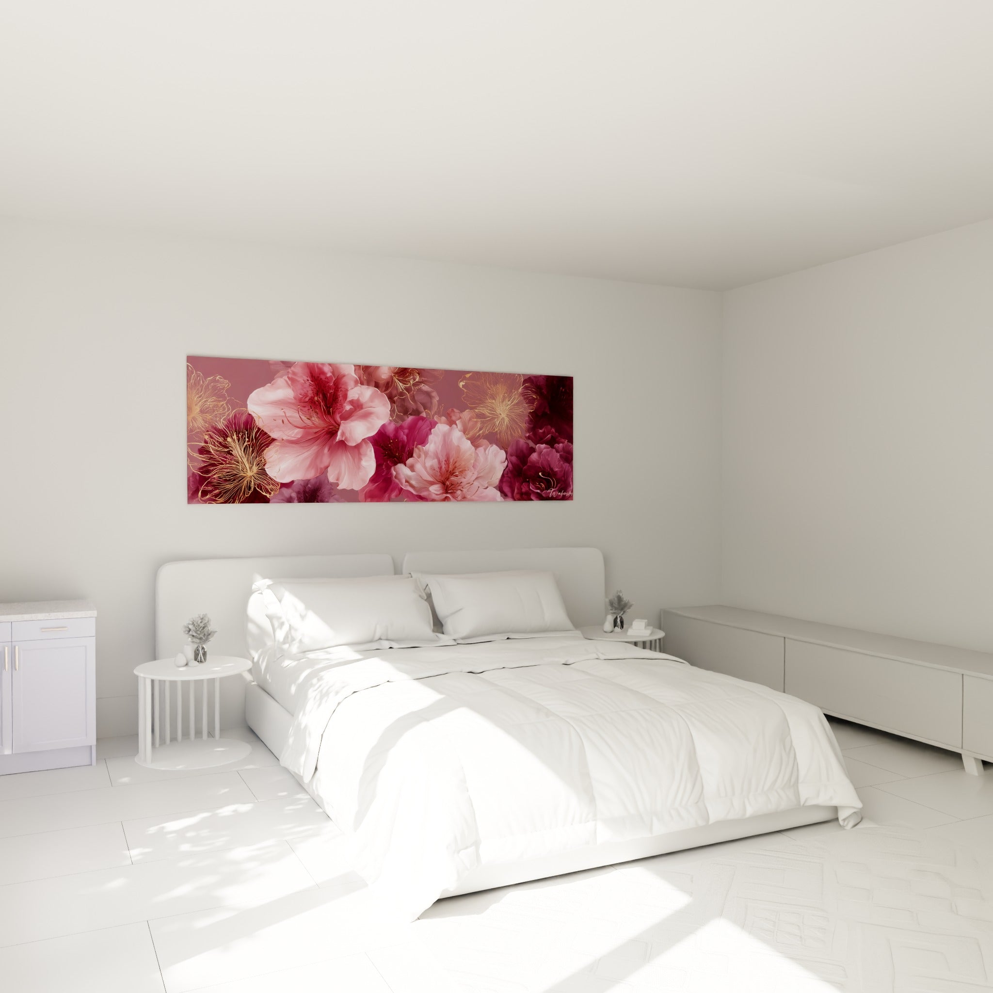 Bouquet d'azalées roses et pourpres au-dessus d'un lit dans une chambre claire