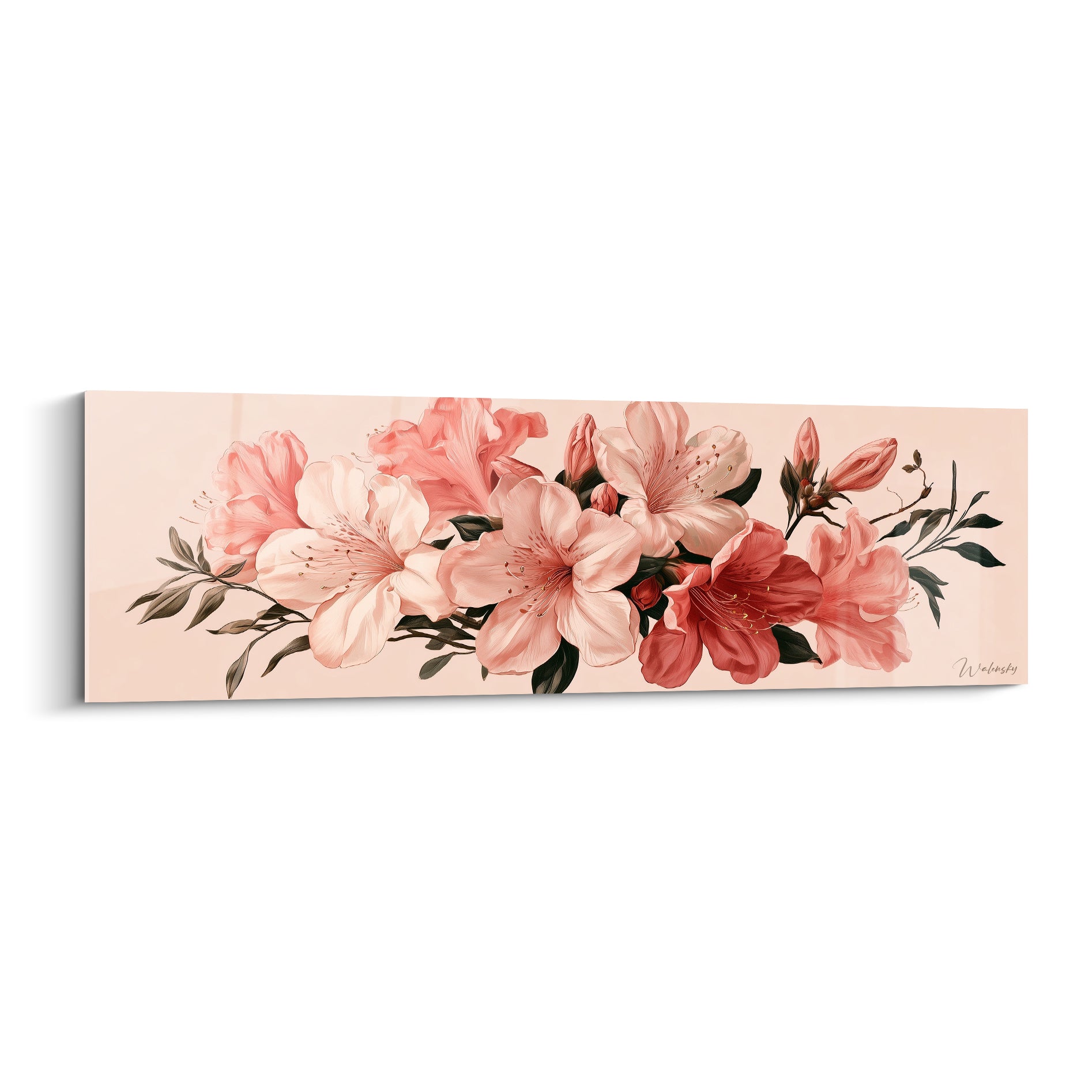 Azalée en bouquet rose pâle et corail sur fond poudré, pétales détaillés et feuillage sombre.