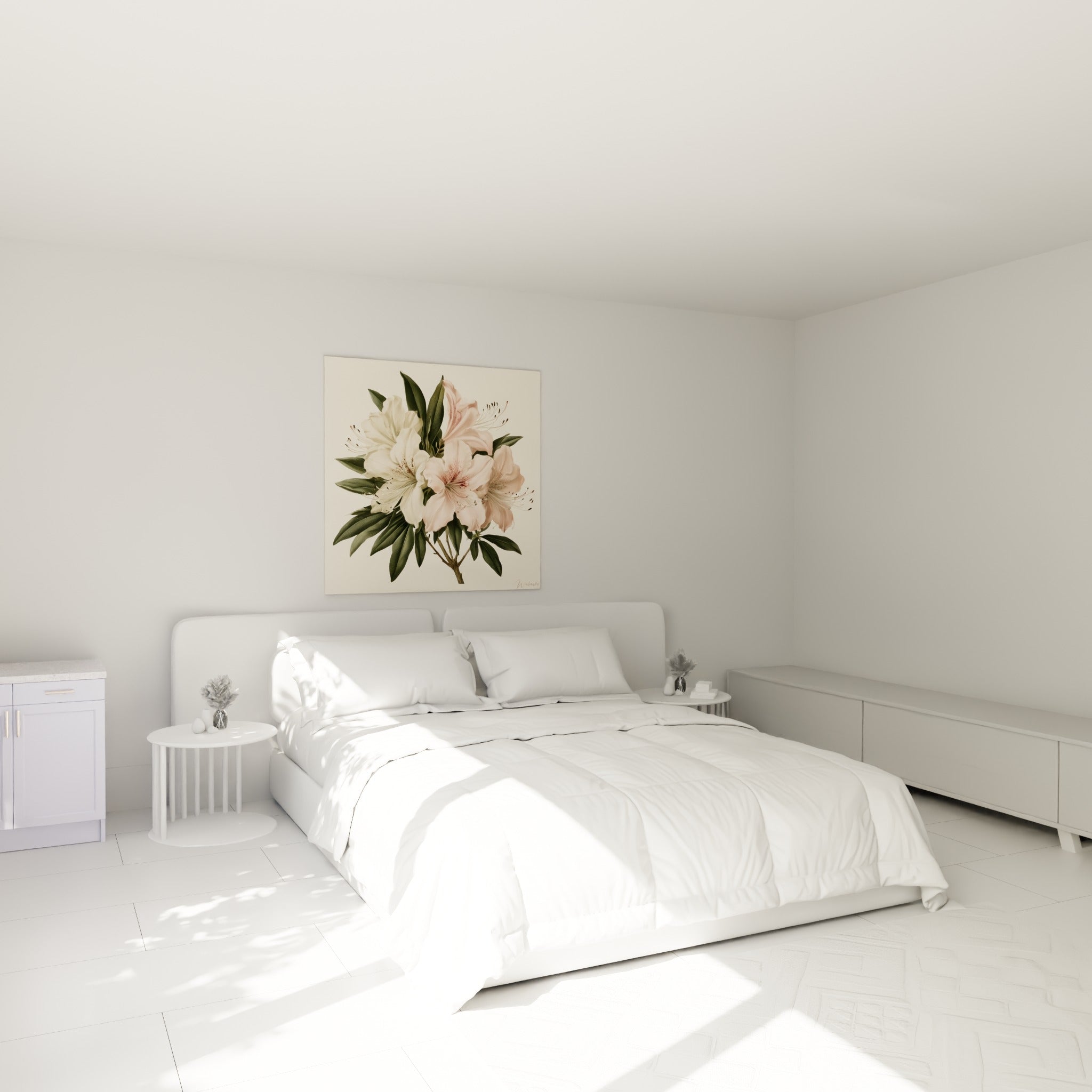 Bouquet d'azalées rose pastel et blanc ivoire au-dessus d'un lit dans une chambre claire