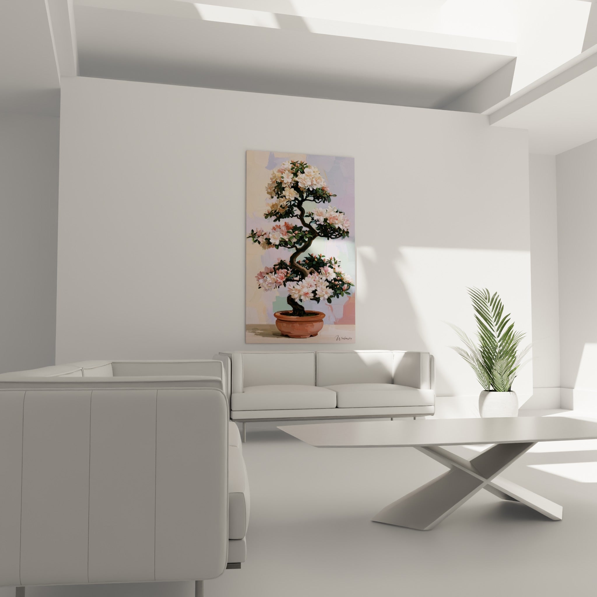 Bonsaï Azalée fleuri rose et lavande accroché au-dessus d'un canapé dans un salon lumineux