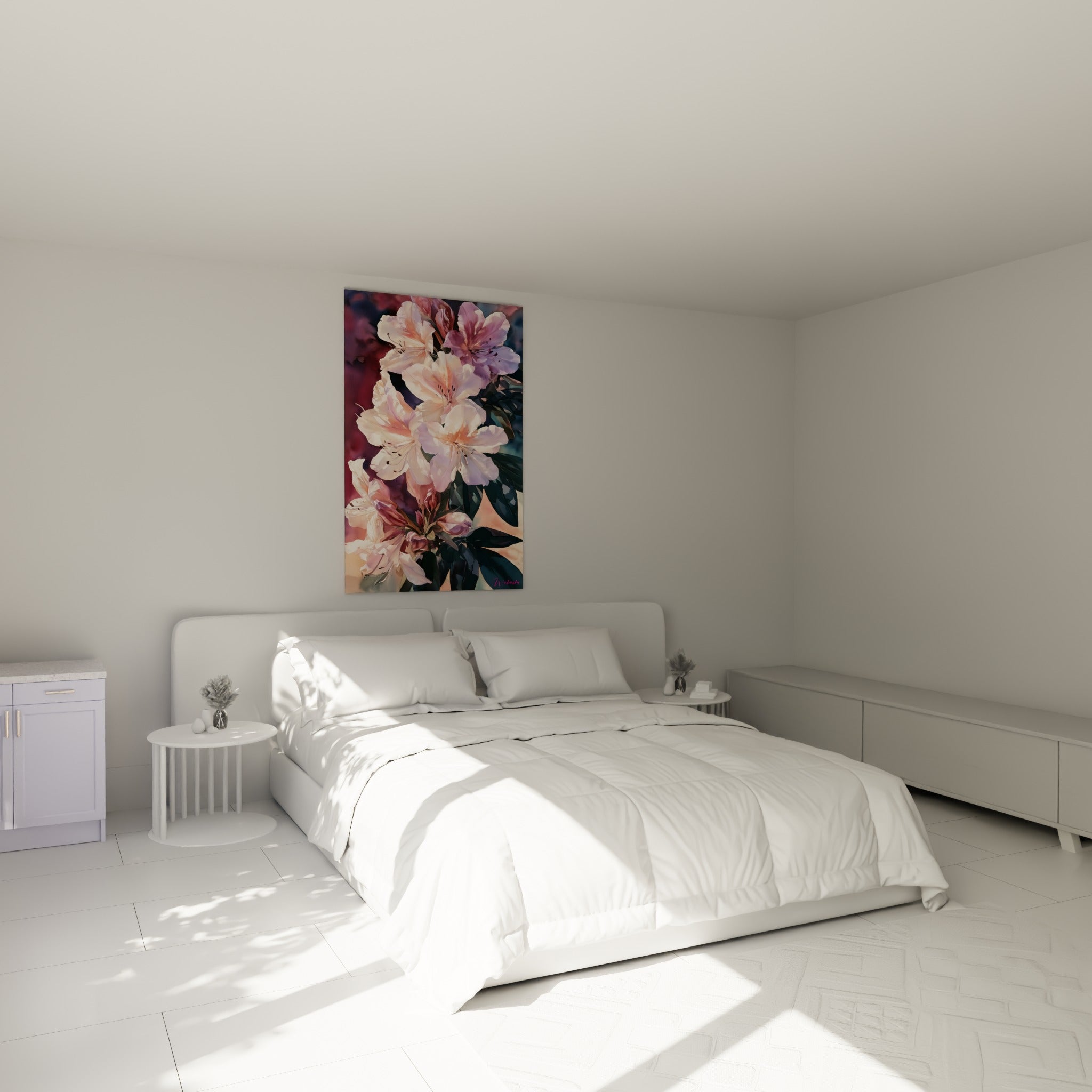 Bouquet d'azalées roses et blanches délicatement peint, accroché au-dessus d'un lit dans une chambre claire