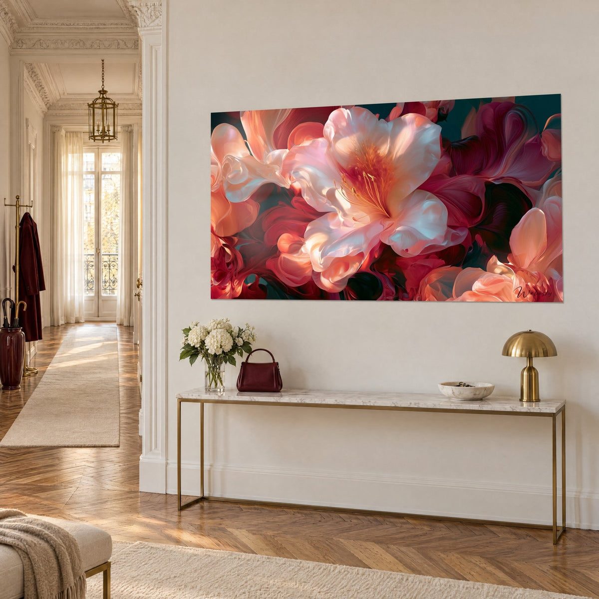 Quadro grande fiore madreperlaceo con volute carminio su sfondo verde scuro, sopra una consolle dorata in un corridoio in stile haussmanniano