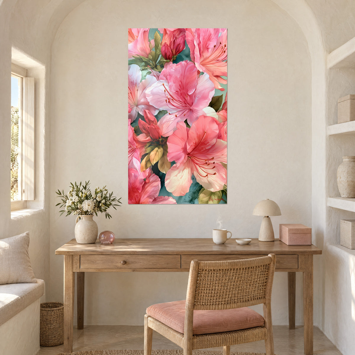 Cuadro de masa exuberante de azaleas coral y blanco crema, fondo azul pato, sobre un escritorio de madera clara junto a una ventana