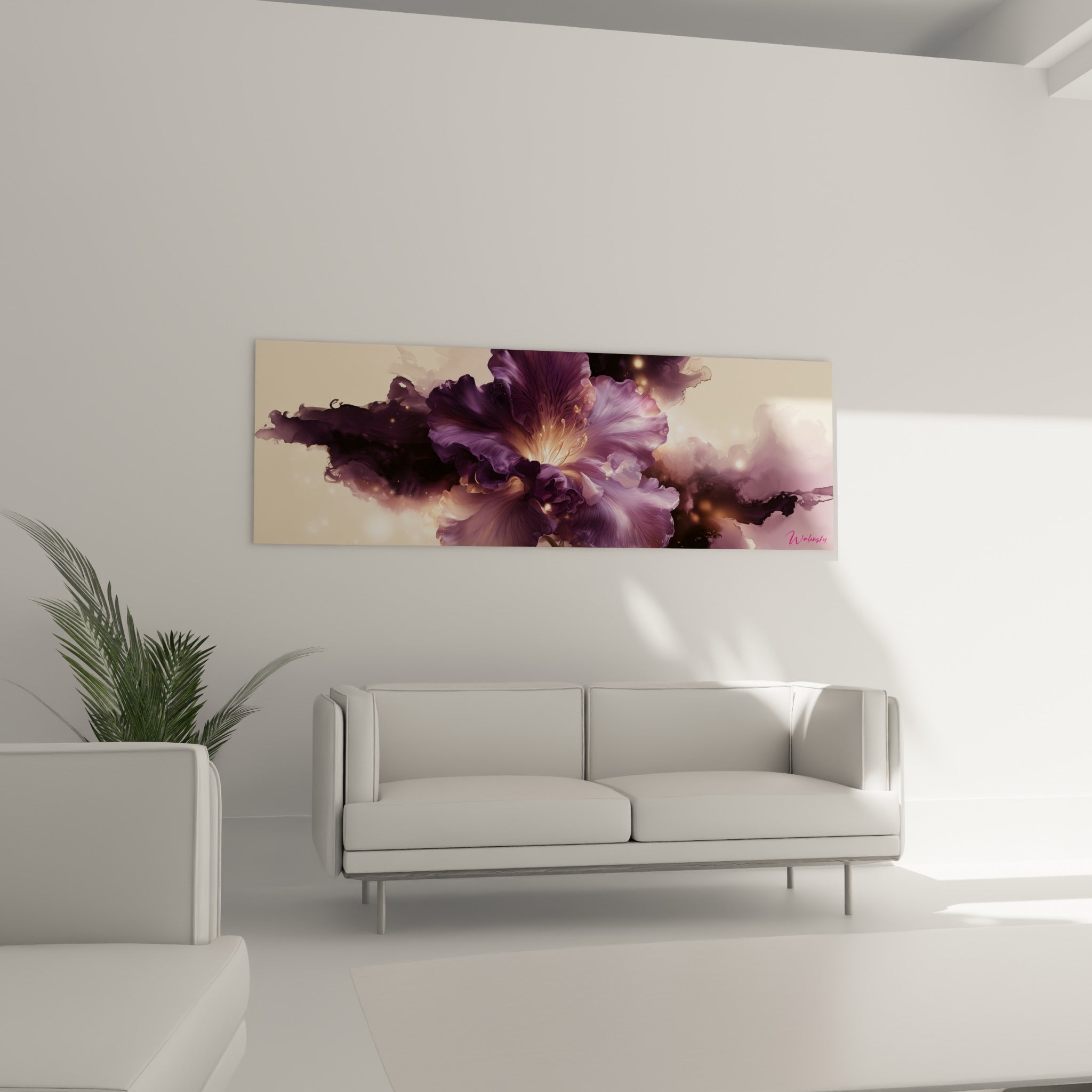 Corolle mauve de l'Azalée baignée de lumière dorée au-dessus d'un canapé dans un salon lumineux