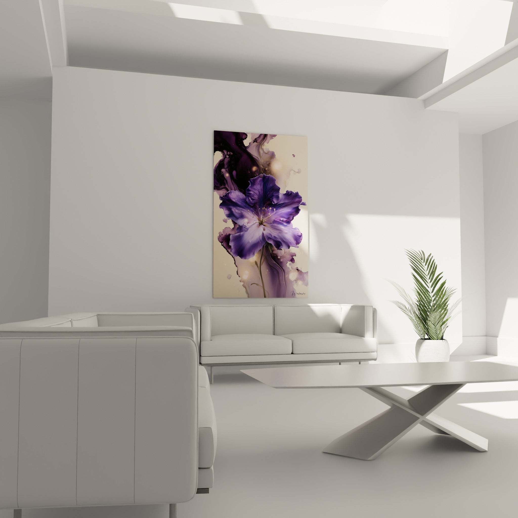 Corolle mauve et pourpre d'une fleur se détache sur fond d'encre, au-dessus d'un canapé dans un salon lumineux