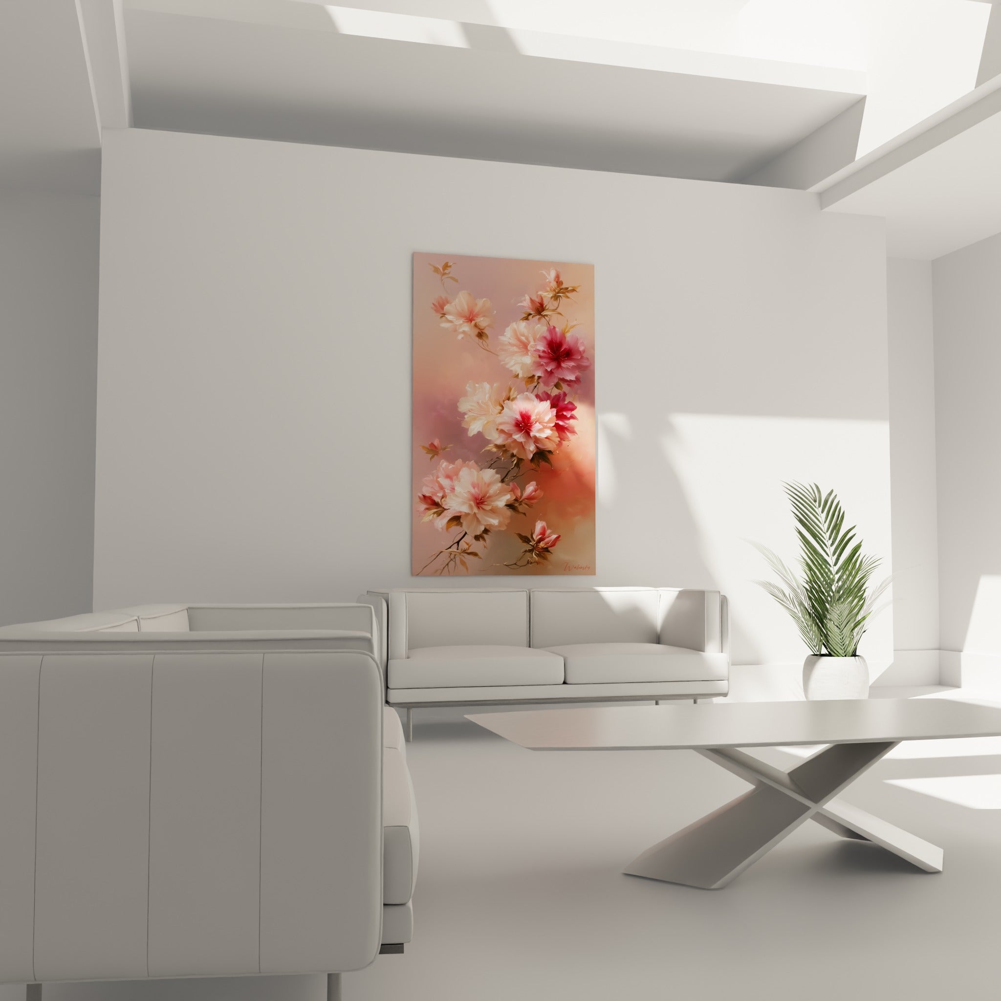 Grappes d'azalées peintes en rose vif et blanc crème, au-dessus d'un canapé dans un salon lumineux