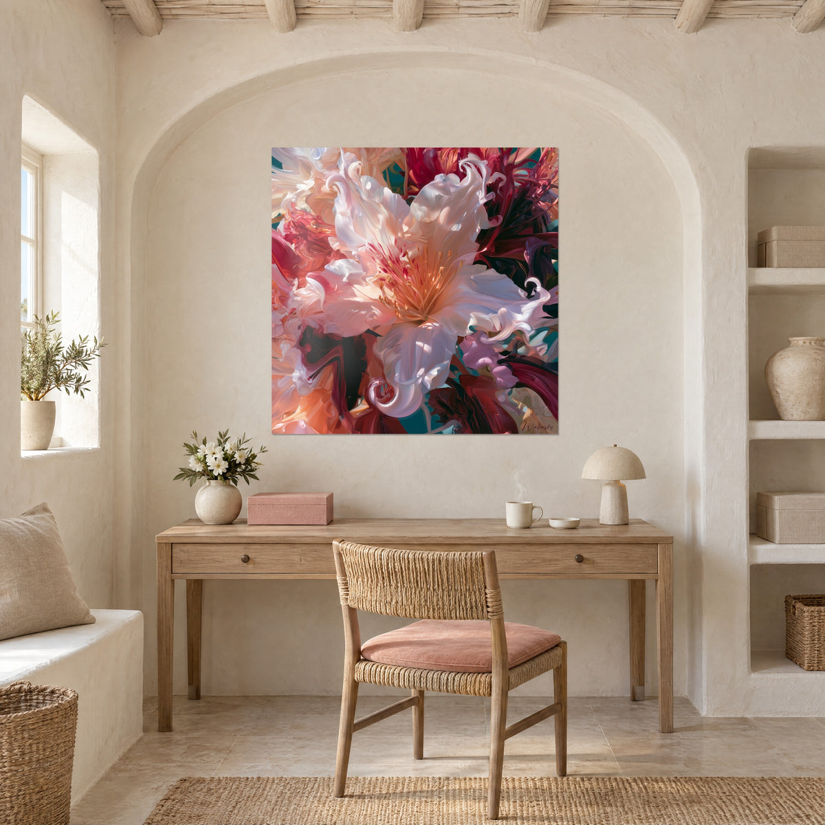 Quadro grande fiore crema con stami ramati su sfondo granata e verde petrolio, sopra una scrivania di legno in una nicchia a volta
