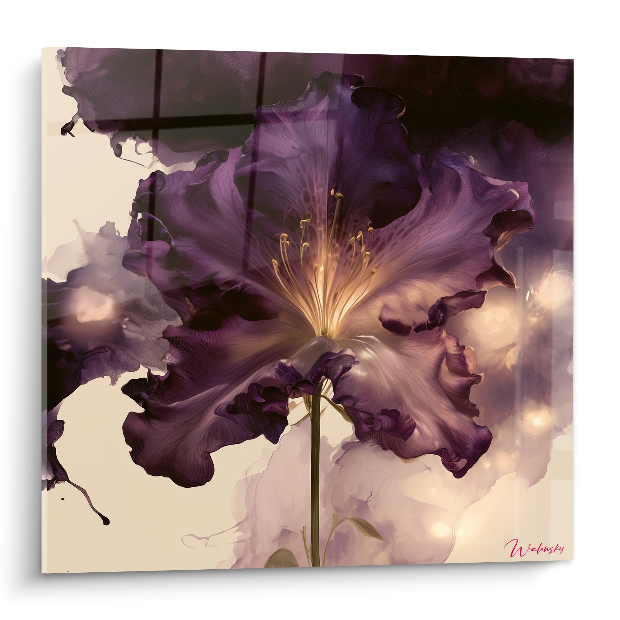 Azalée en pleine fleur violette aubergine, cœur doré lumineux, style aquarelle sur fond crème délavé