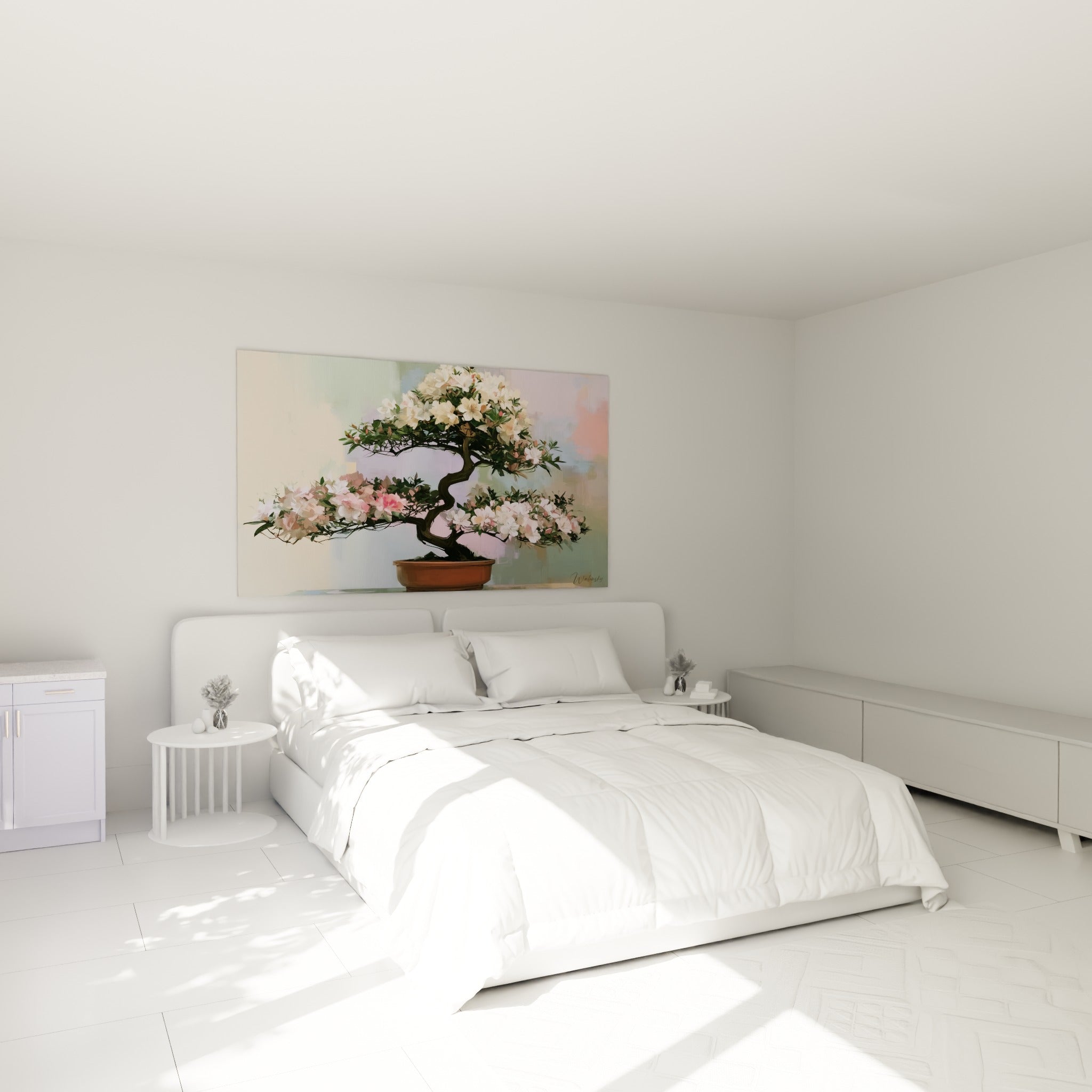 Azalée en fleurs roses et blanches, branches sculptées, accrochée au-dessus d'un lit dans une chambre claire