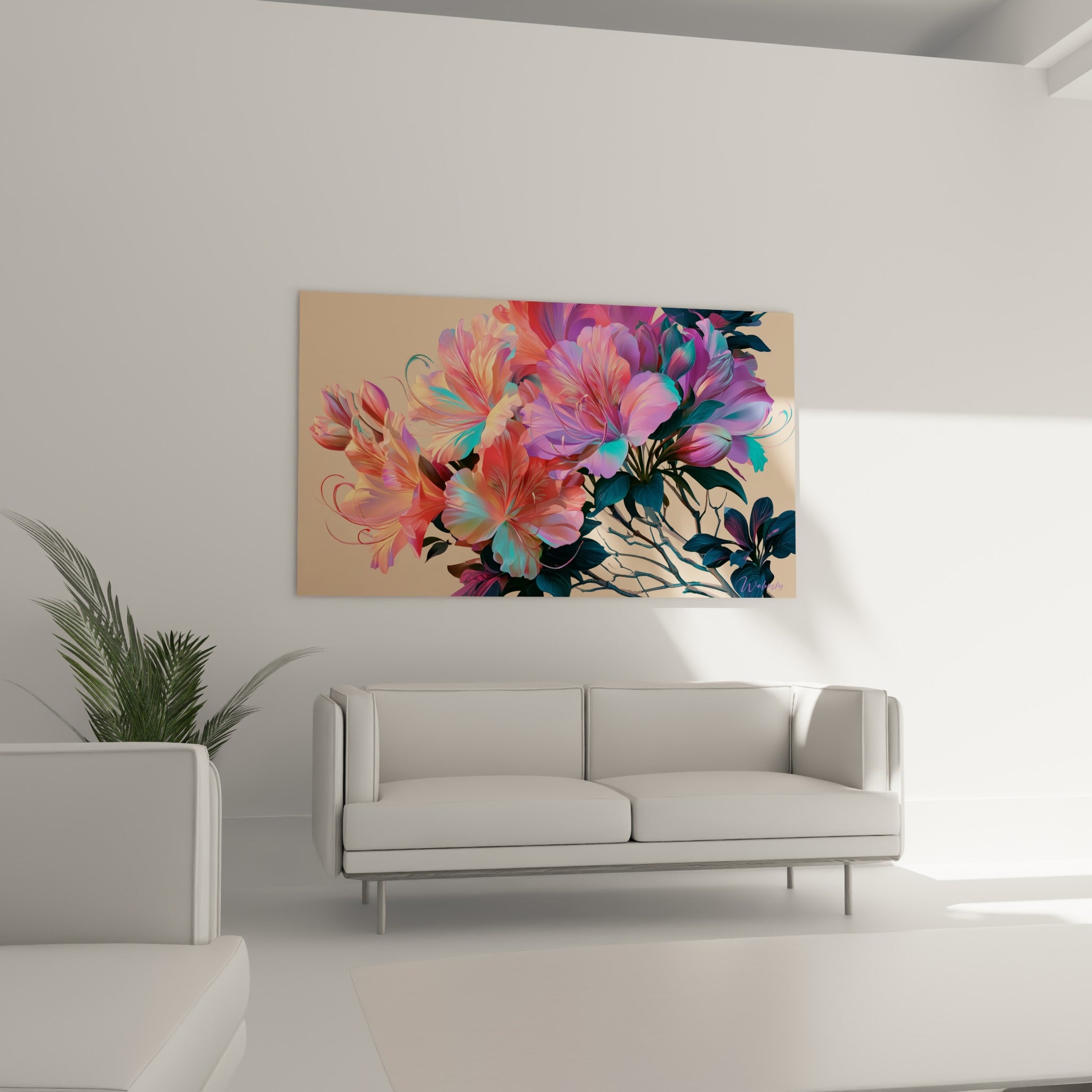 Fleurs d'azalée corail et turquoise en pleine éclosion, au-dessus d'un canapé dans un salon lumineux
