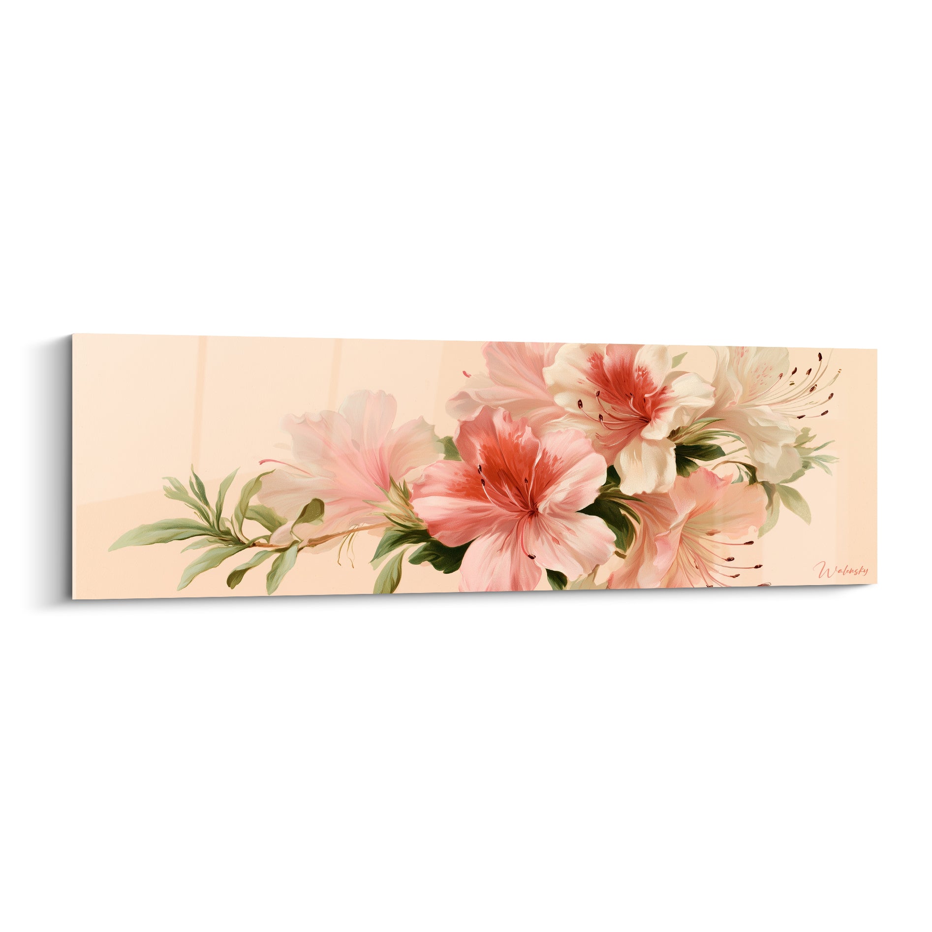 Azalées roses et blanches en fleur, pétales délicats sur fond beige poudré, style aquarelle
