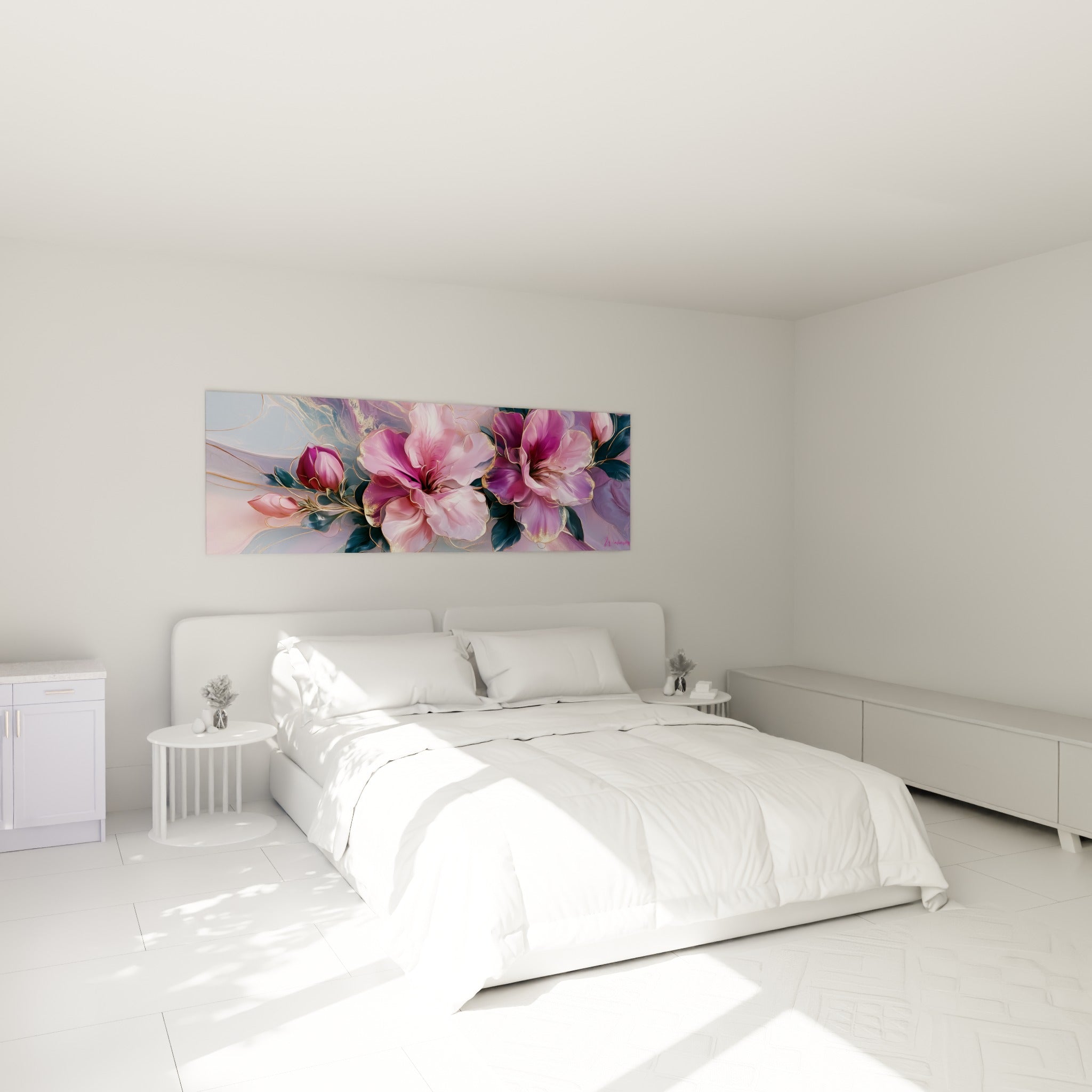 Fleurs d'azalée roses et violettes déployées au-dessus d'un lit dans une chambre claire