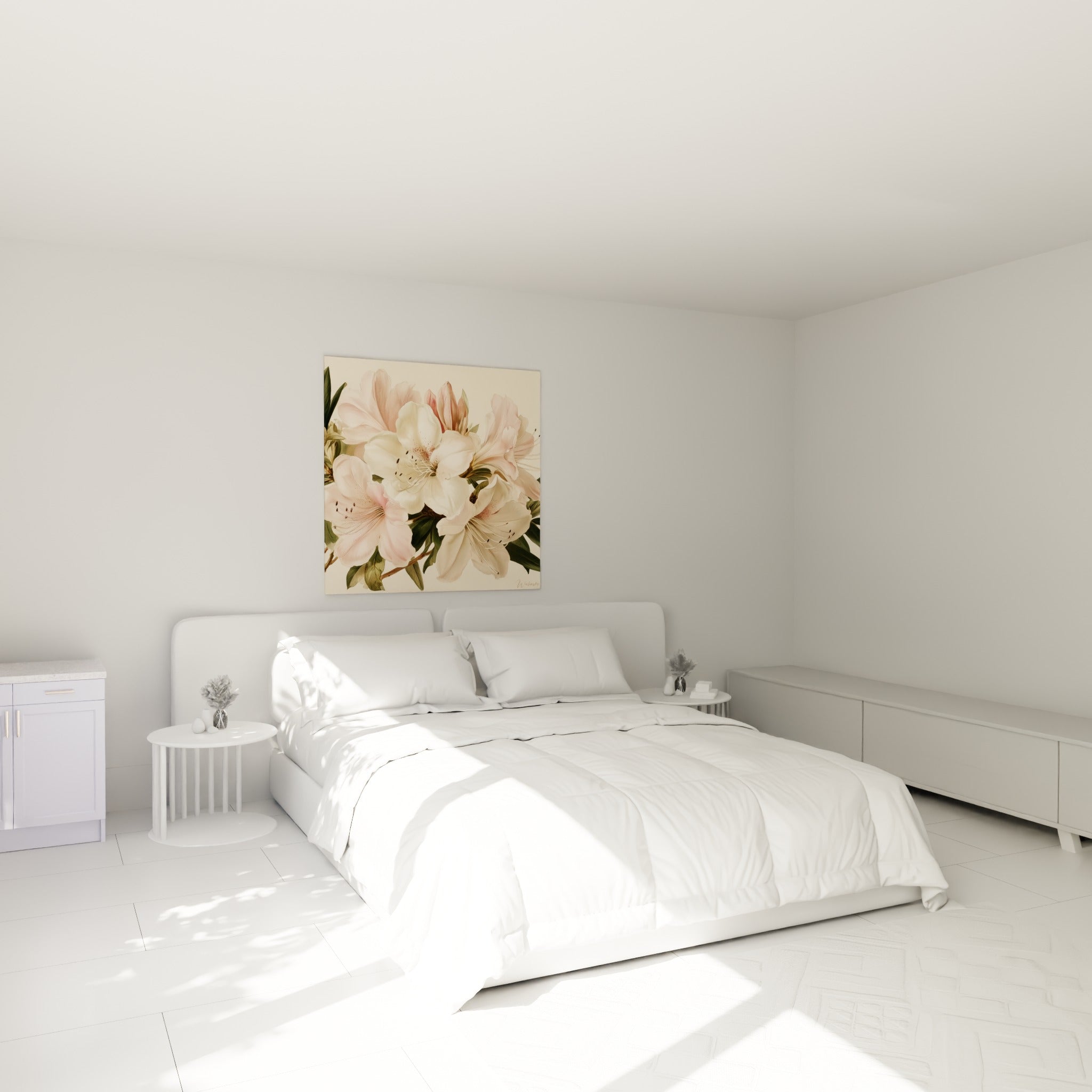 Bouquet d'azalées roses et blanches accroché au-dessus d'un lit dans une chambre claire