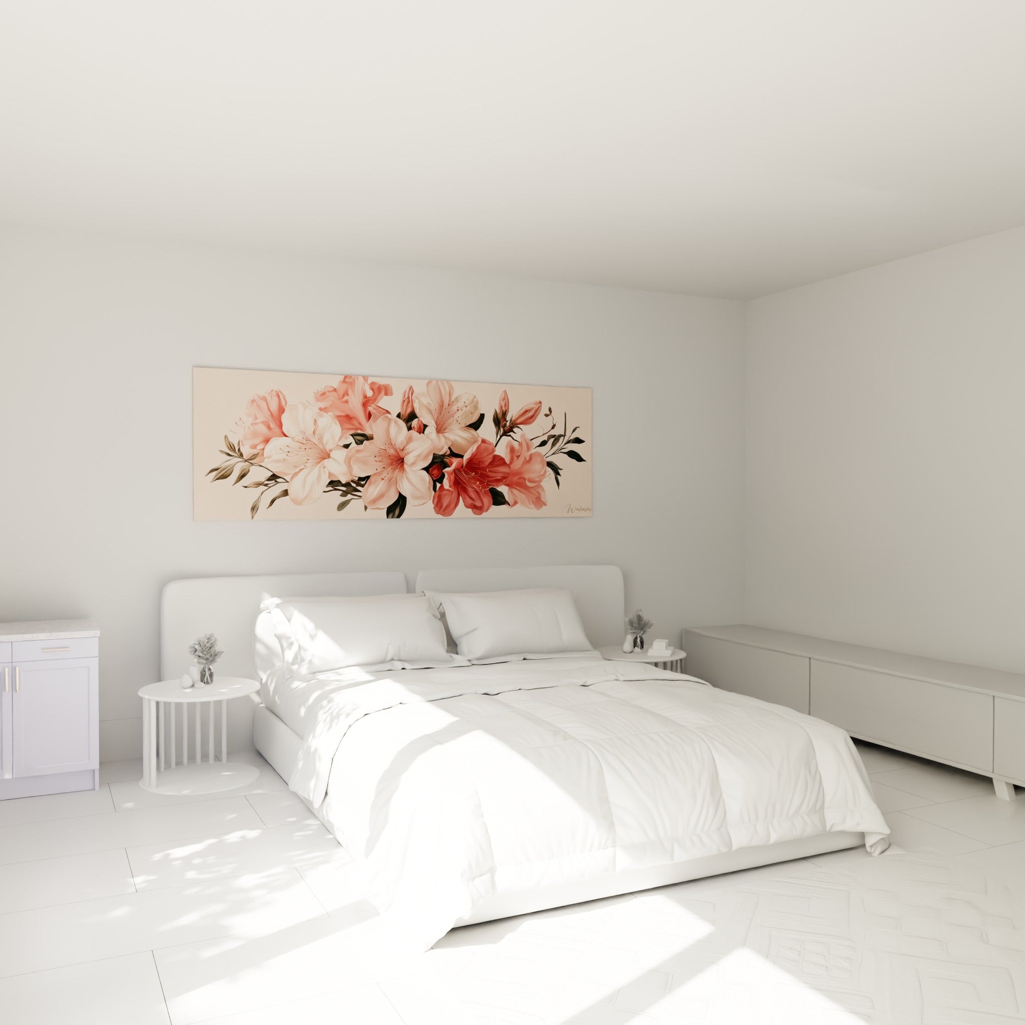 Bouquet d'azalées roses et corail, pétales délicats, au-dessus d'un lit dans une chambre claire.