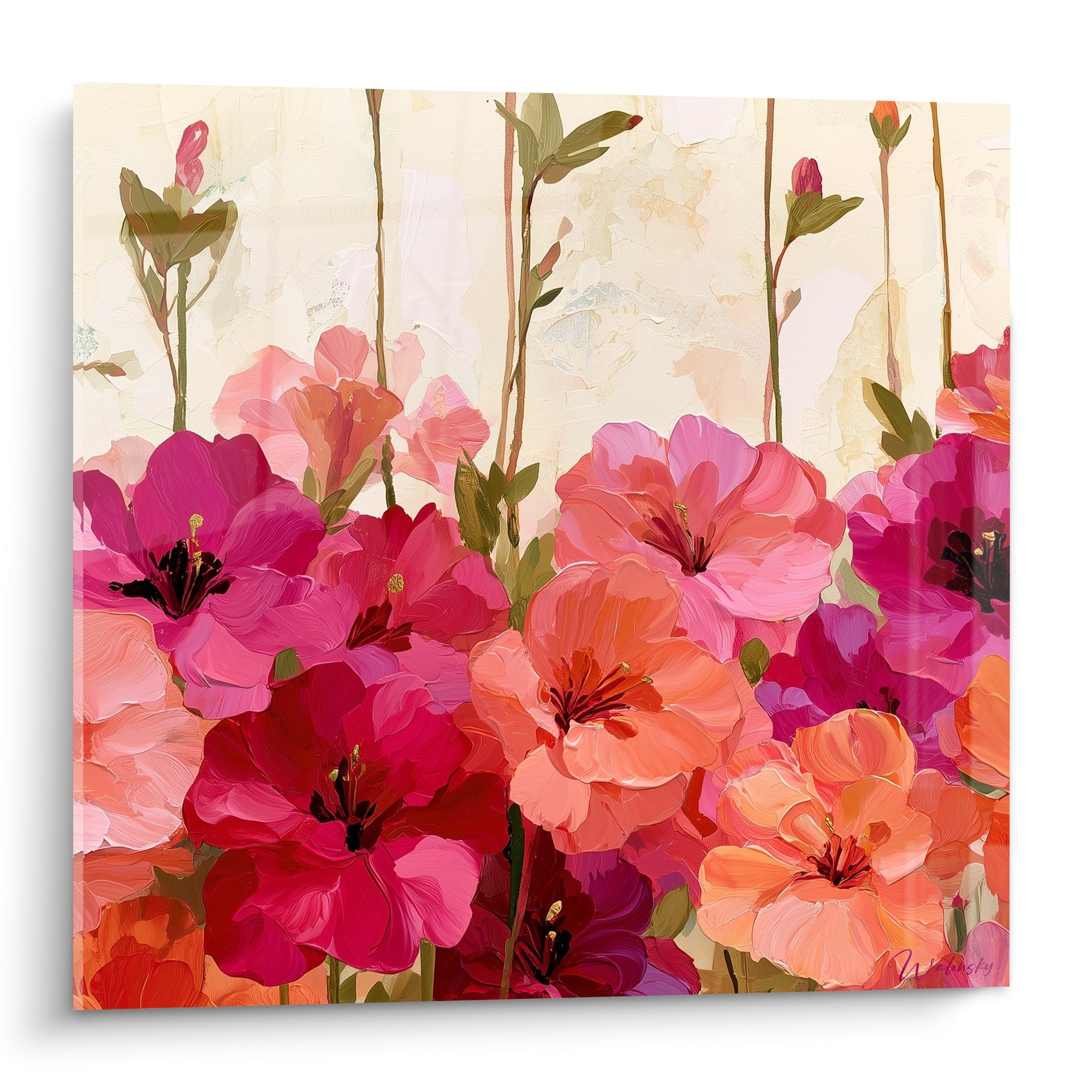 Azalée en pleine floraison, pétales rose fuchsia et corail sur fond crème texturé à l'huile