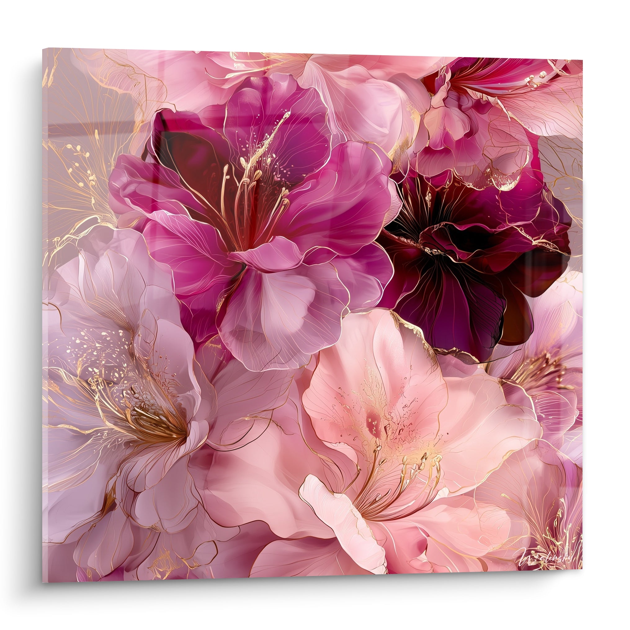 Azalées roses et magenta en pleine floraison, pétales soulignés de fins traits dorés lumineux