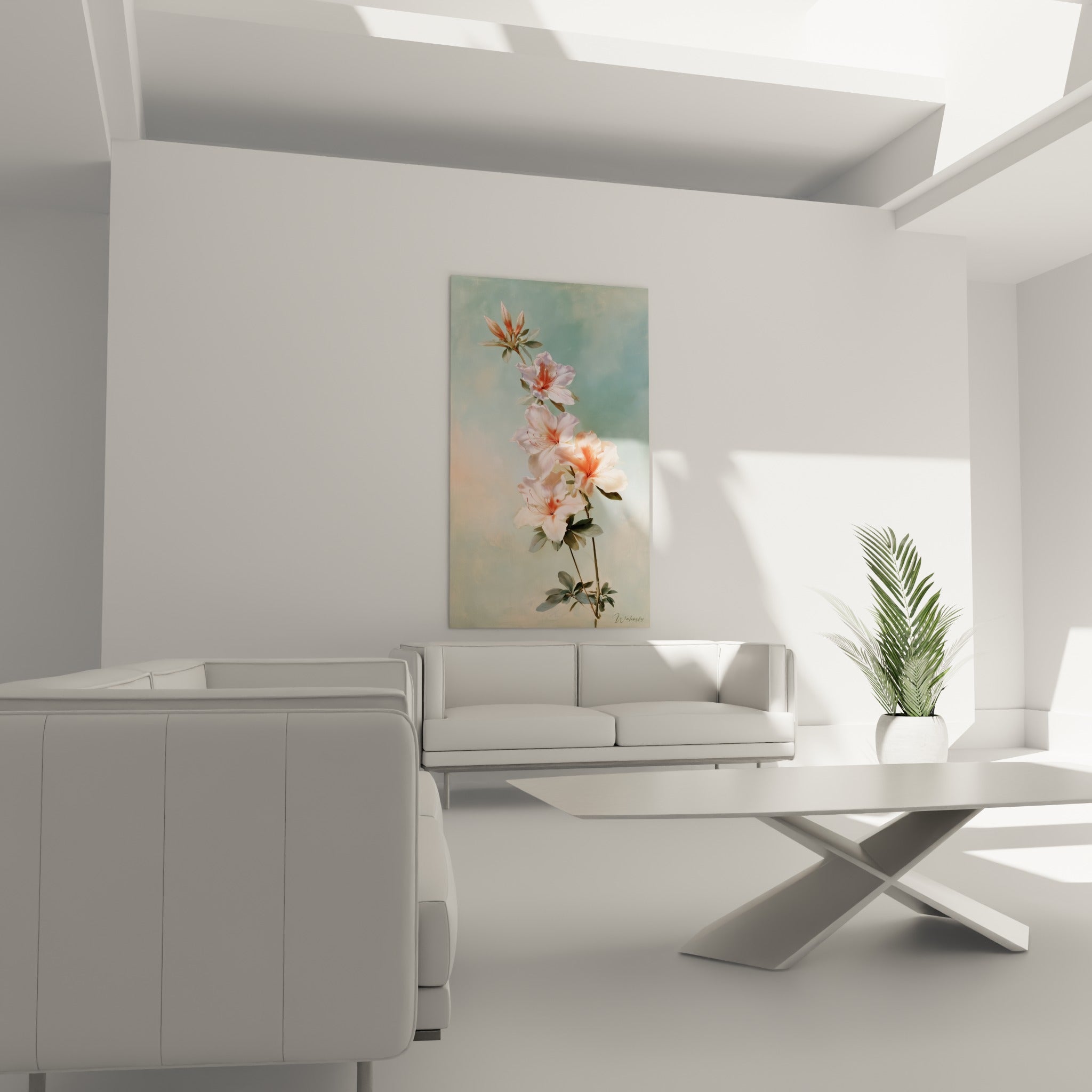 Fleurs d'azalée rose et blanche déployées au-dessus d'un canapé dans un salon lumineux