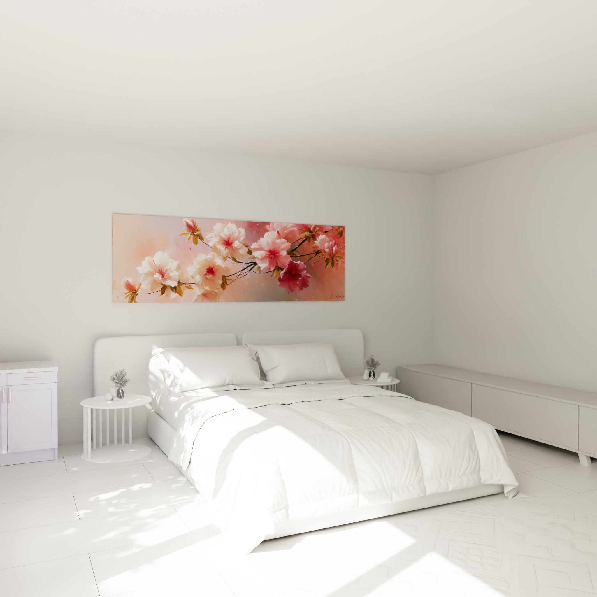 Fleurs d'azalées roses et fuchsias déployées au-dessus d'un lit dans une chambre claire