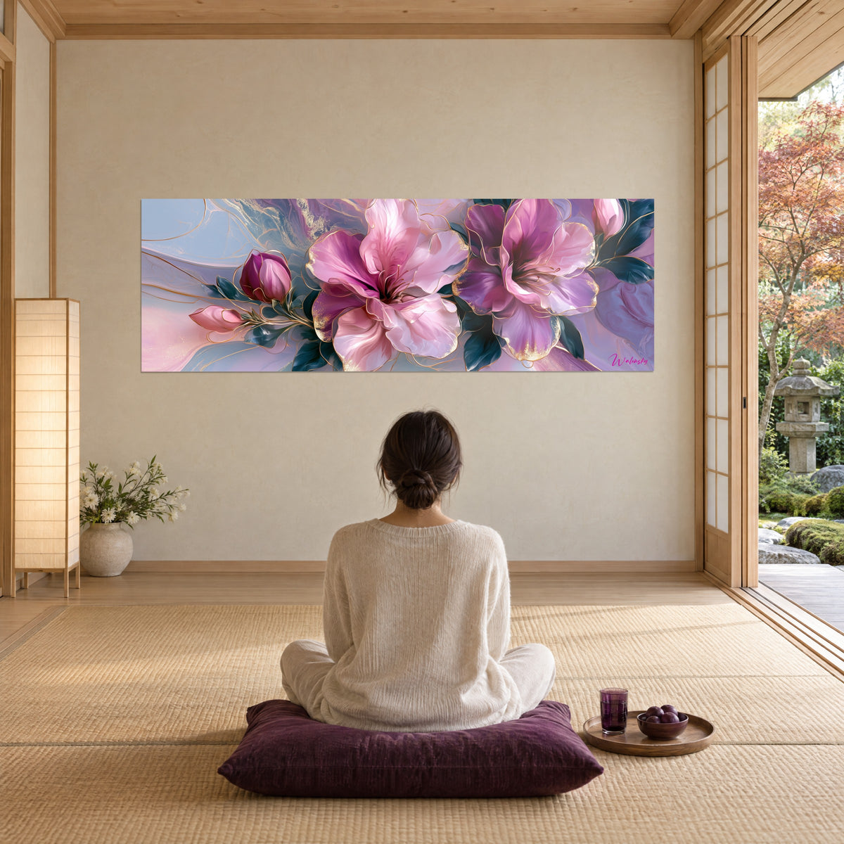 Cuadro flores abiertas rosas y malvas, capullos color ciruela, veteado gris azulado, mujer de espaldas sentada sobre un cojín violeta frente a la pared