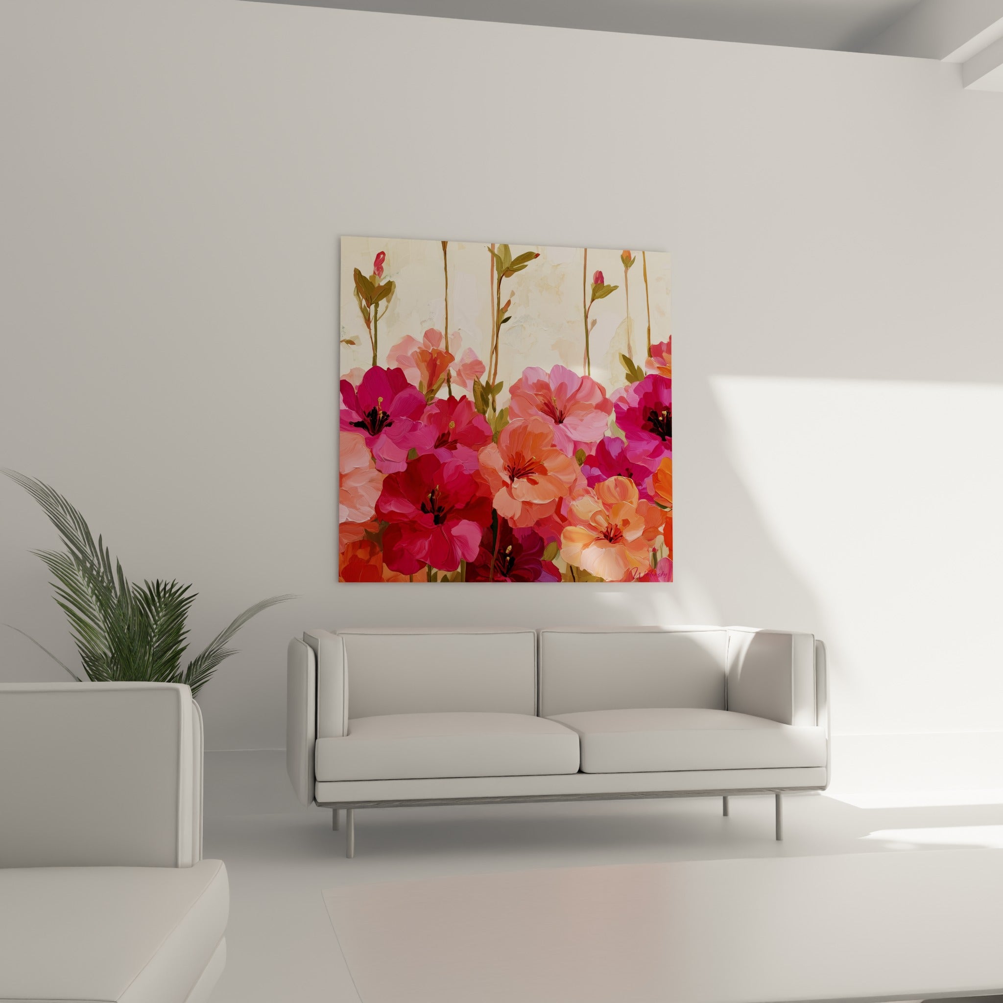 Massif d'azalées fuchsia et pêche aux étamines dorées, au-dessus d'un canapé dans un salon lumineux