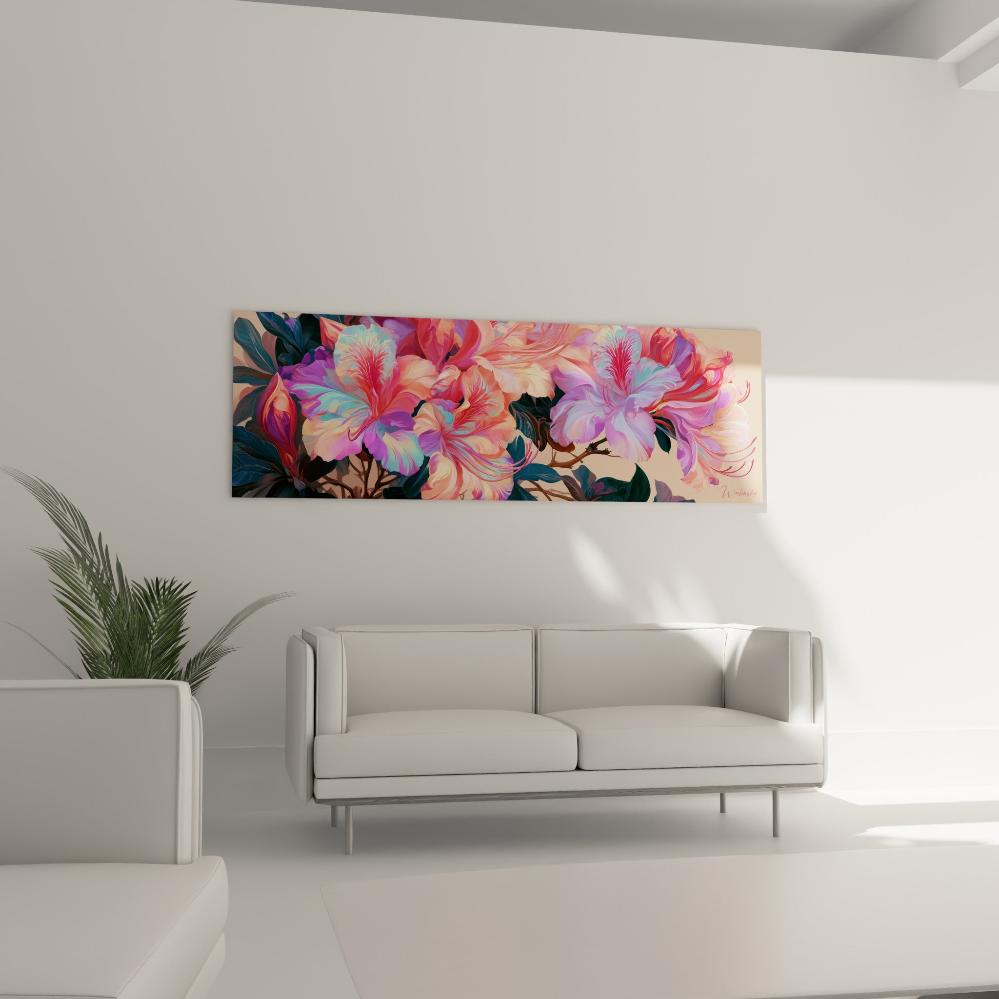 Bouquet d'Azalée mauve et fuchsia aux pétales ondulés au-dessus d'un canapé dans un salon lumineux