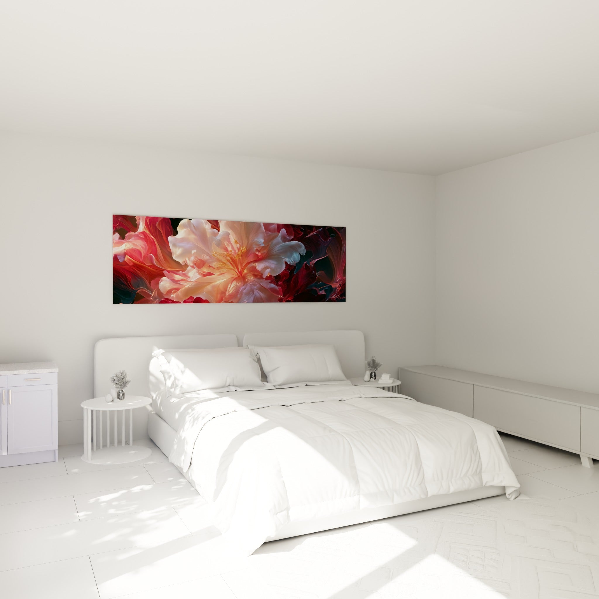Pétales roses et dorés de l'azalée suspendus au-dessus d'un lit dans une chambre claire