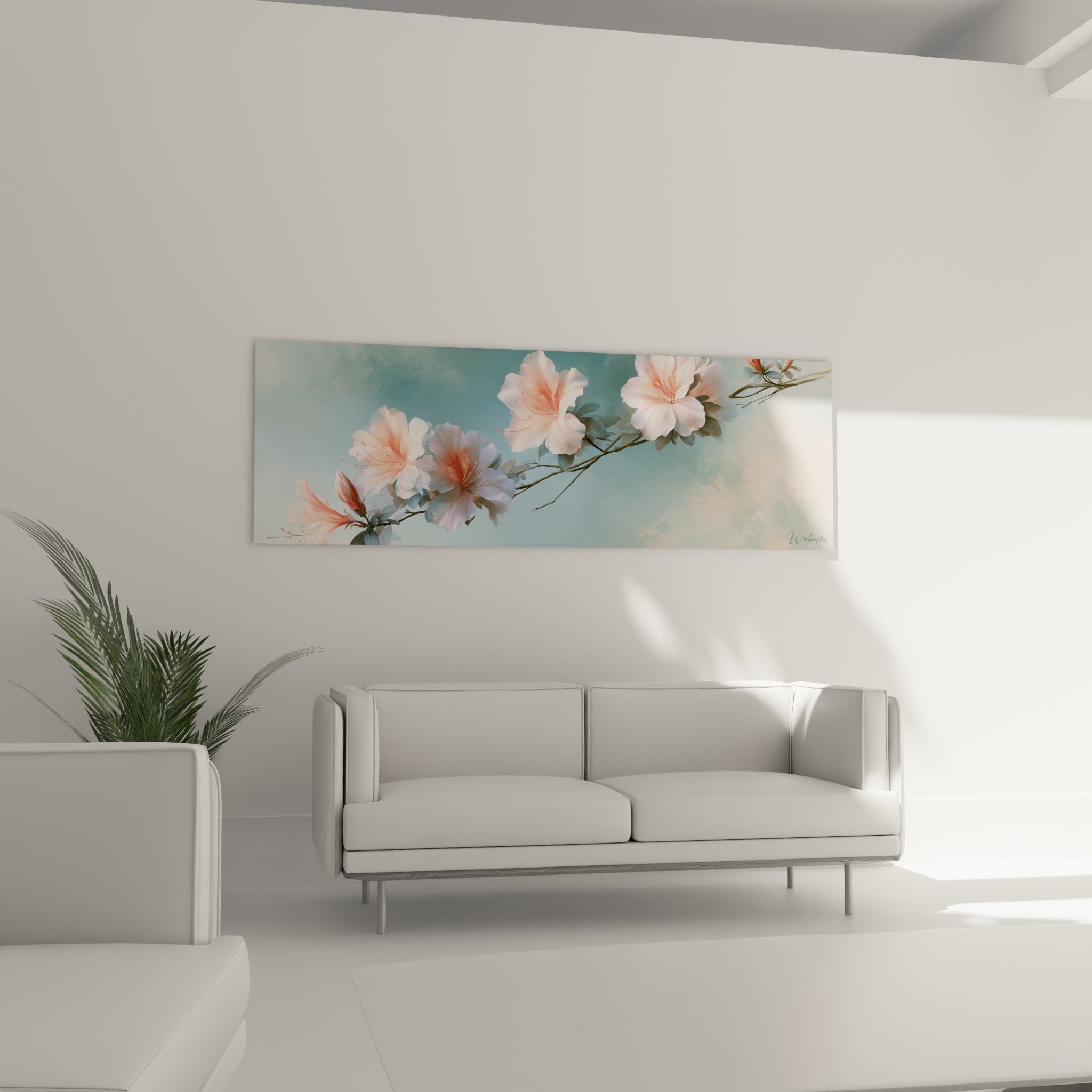 Pétales d'azalée blancs et corail suspendus au-dessus d'un canapé dans un salon lumineux