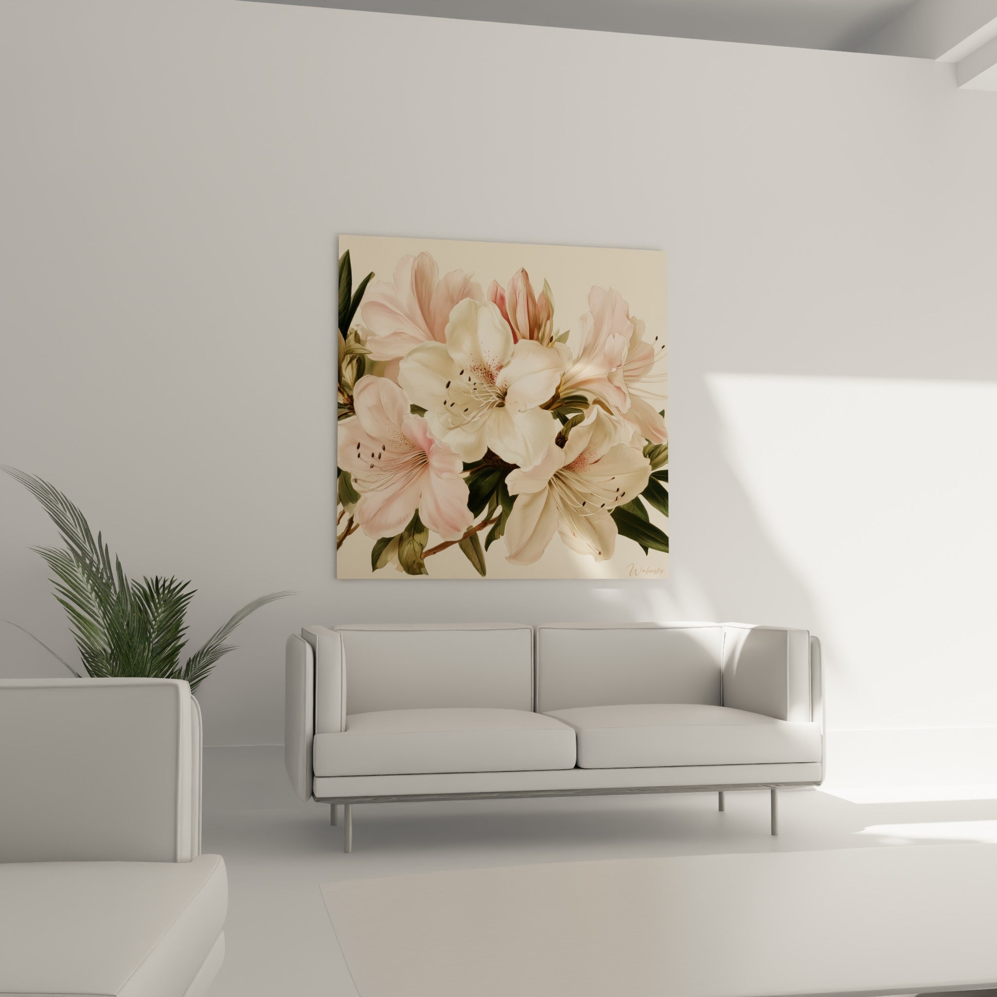 Fleurs d'azalée blanches et roses veloutées surplombant un canapé dans un salon lumineux