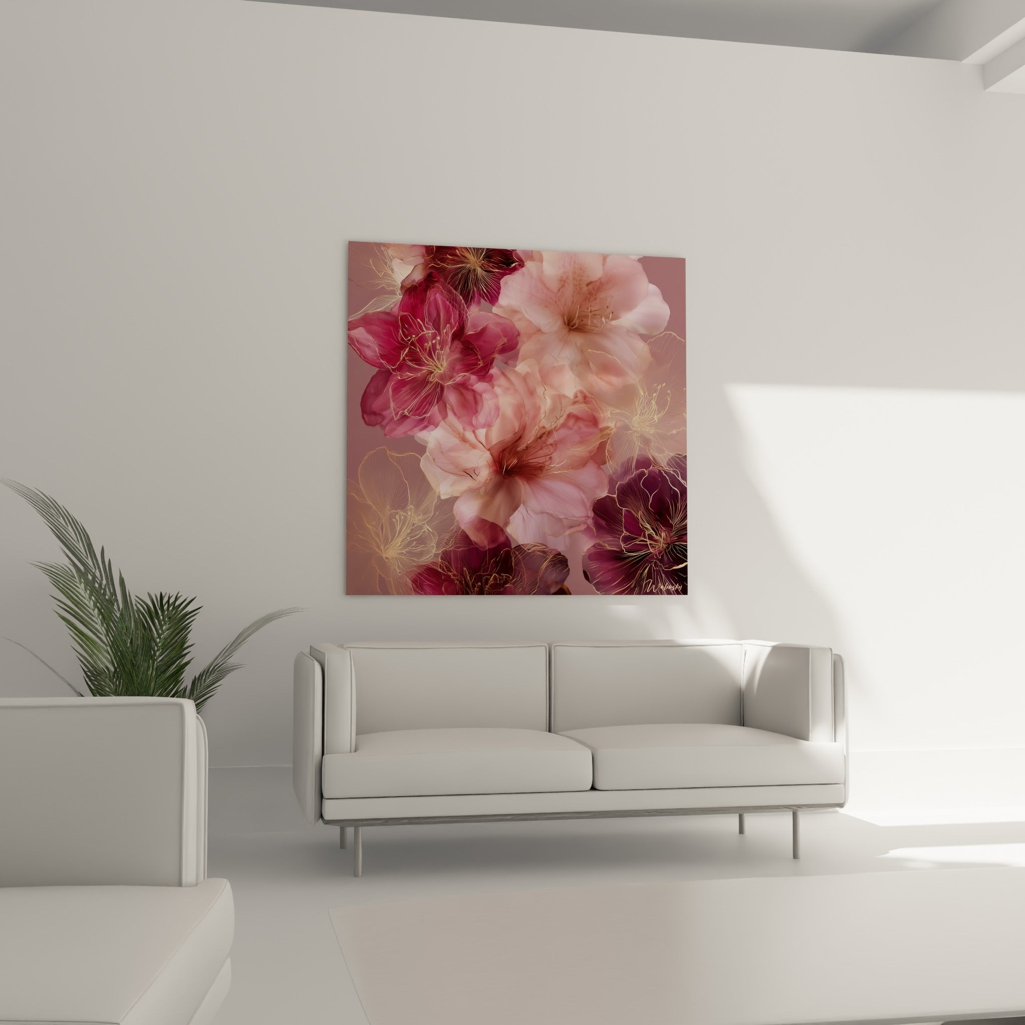 Fleurs d'azalée roses et bordeaux à l'aquarelle numérique suspendues au-dessus d'un canapé dans un salon lumineux