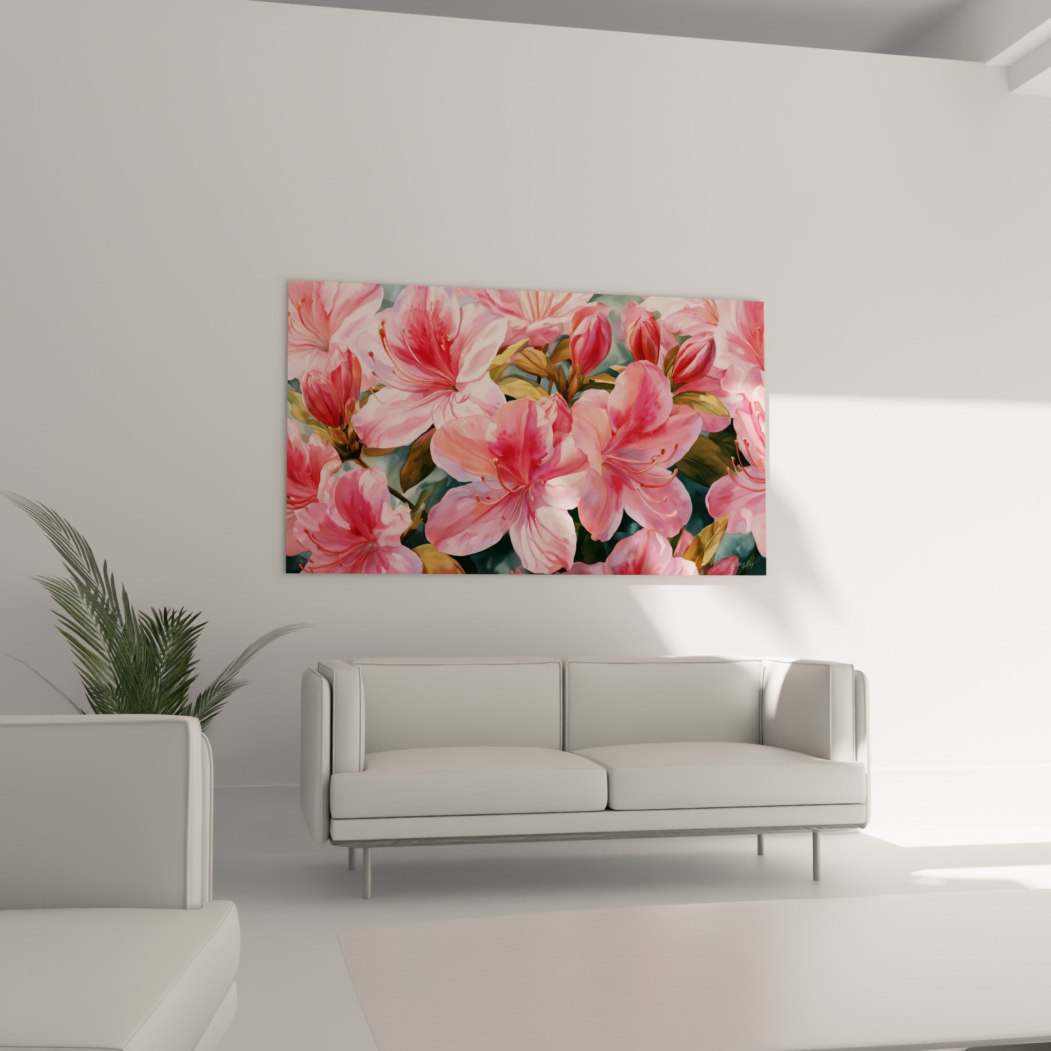 Fleurs Azalée rose corail et vert olive suspendues au-dessus d'un canapé dans un salon lumineux