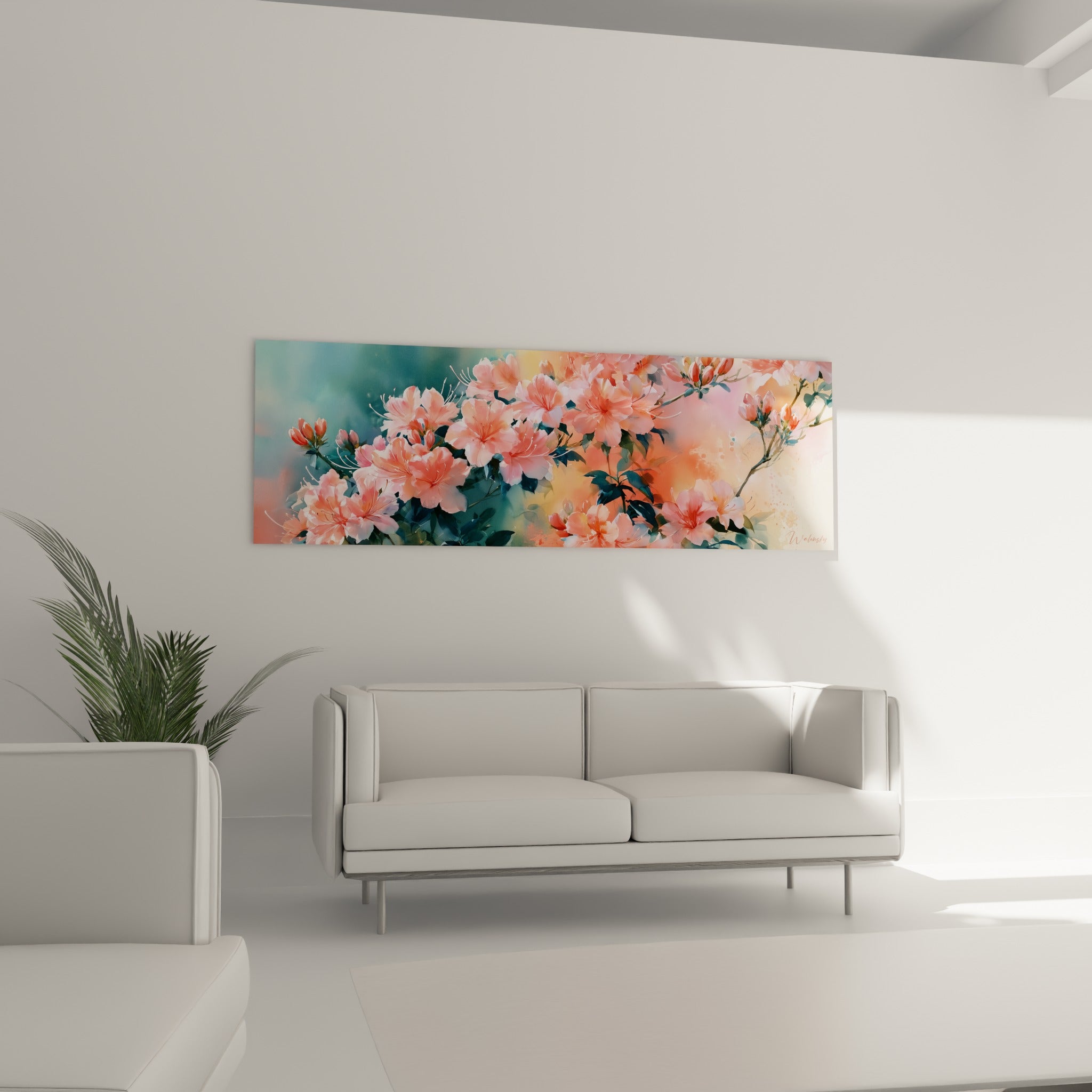 Fleurs d'azalée rose pâle et corail sur fond doré vaporeux, au-dessus d'un canapé dans un salon lumineux
