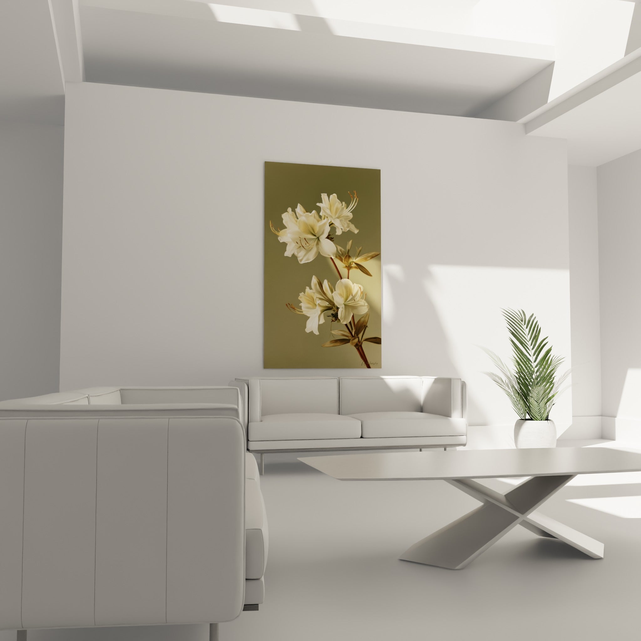 Fleurs d'azalée crème et vert olive accrochées au-dessus d'un canapé dans un salon lumineux