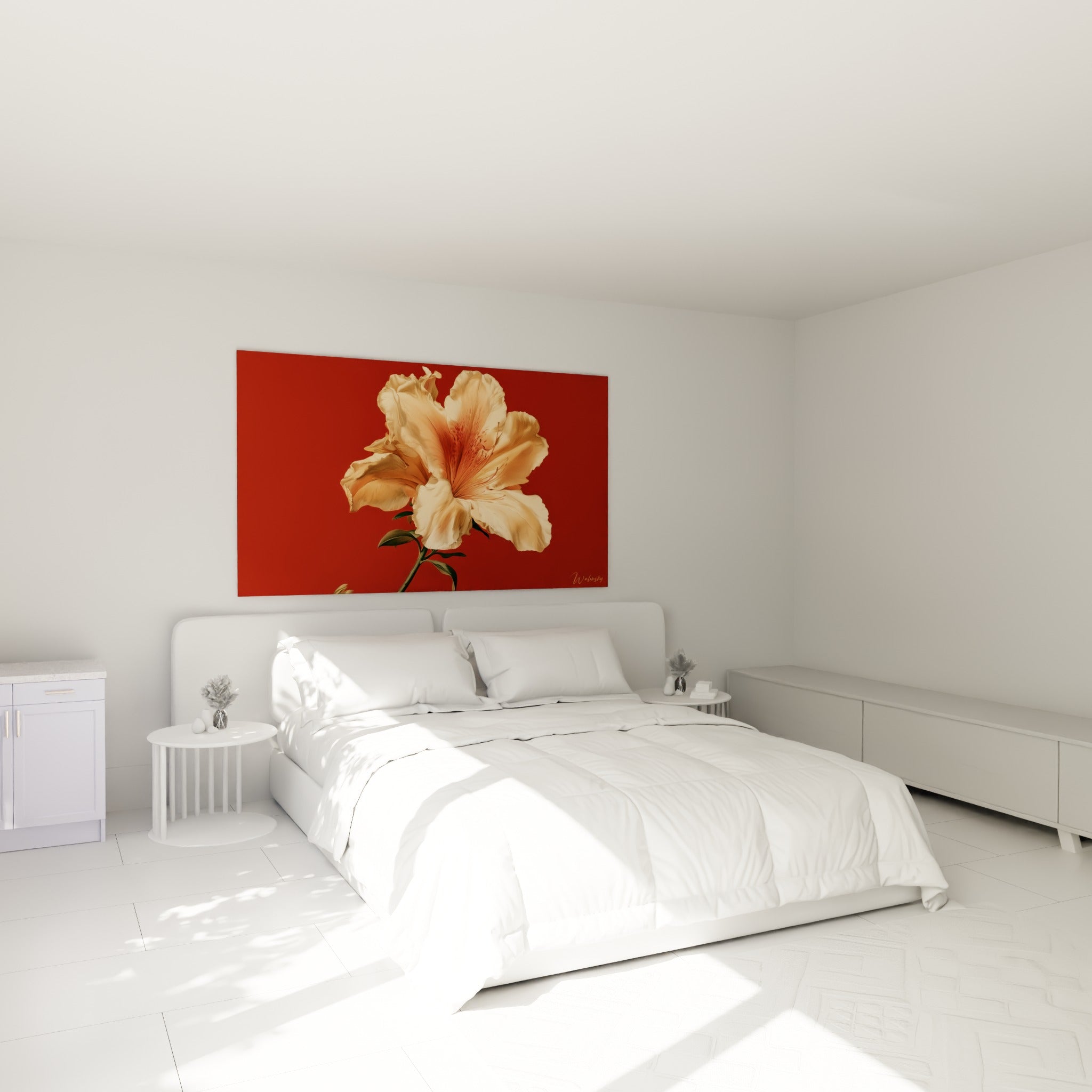 Fleur d'azalée crème et corail au-dessus d'un lit dans une chambre claire et lumineuse