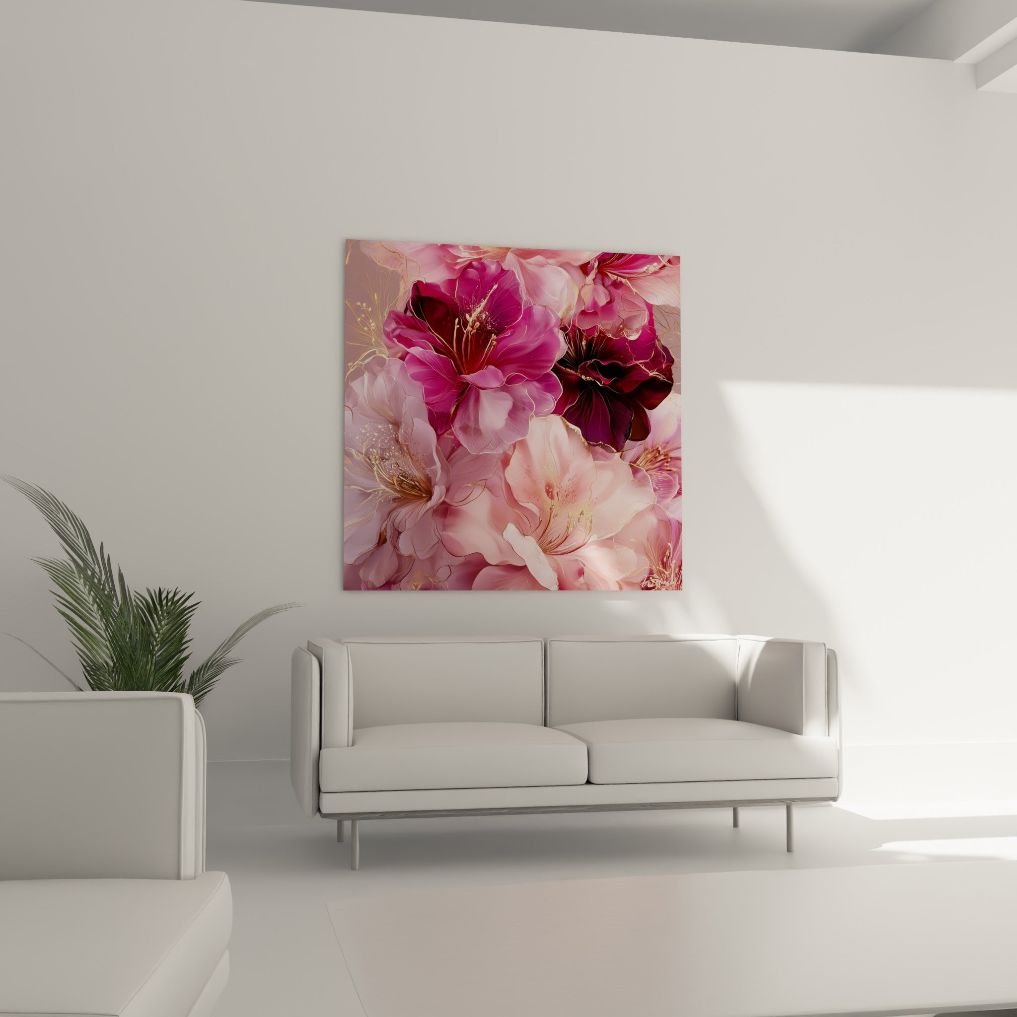 Bouquet d'azalées rose pâle et bordeaux profond disposé au-dessus d'un canapé dans un salon lumineux
