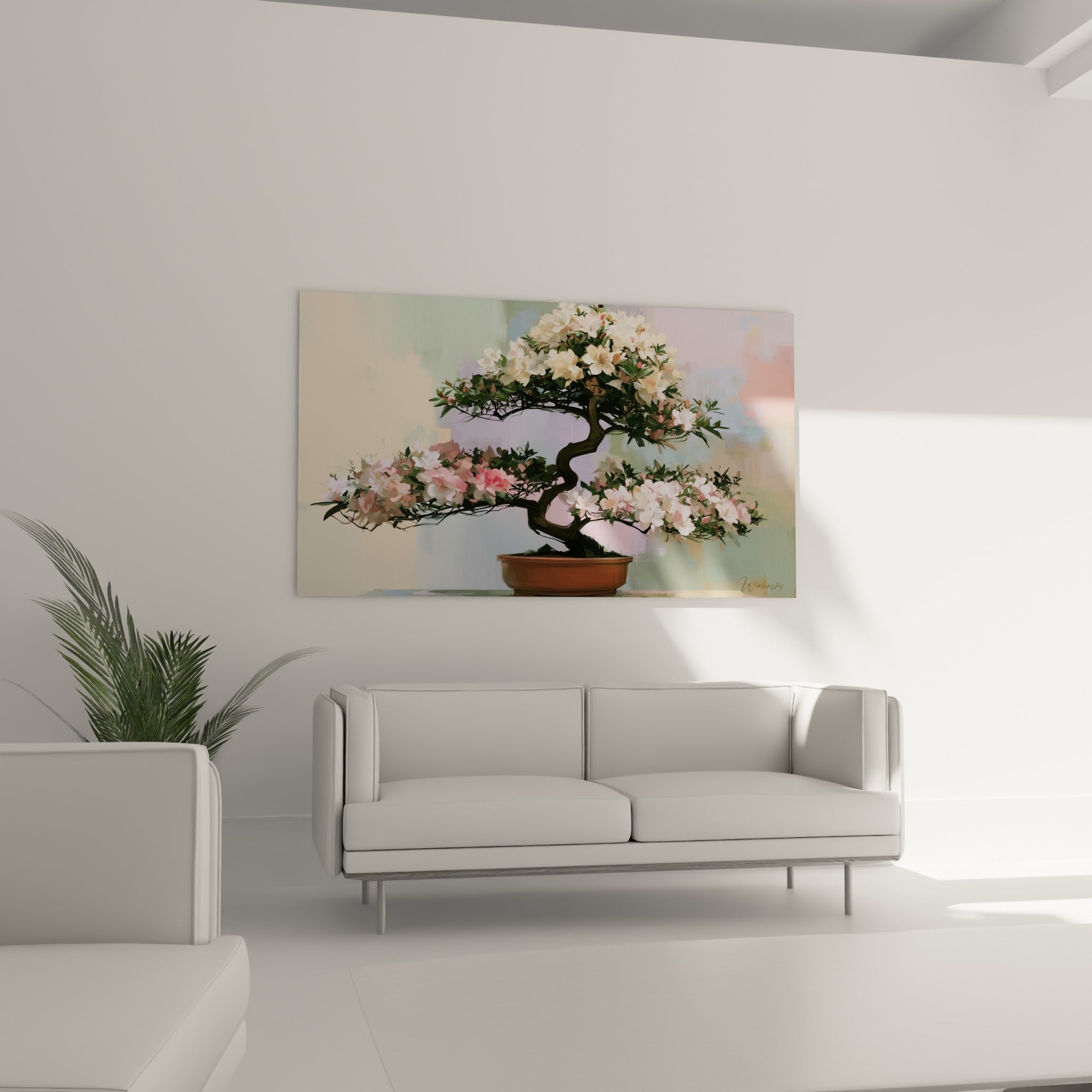 Bonsaï fleuri rose et vert, pot en terre cuite, suspendu au-dessus d'un canapé dans un salon lumineux