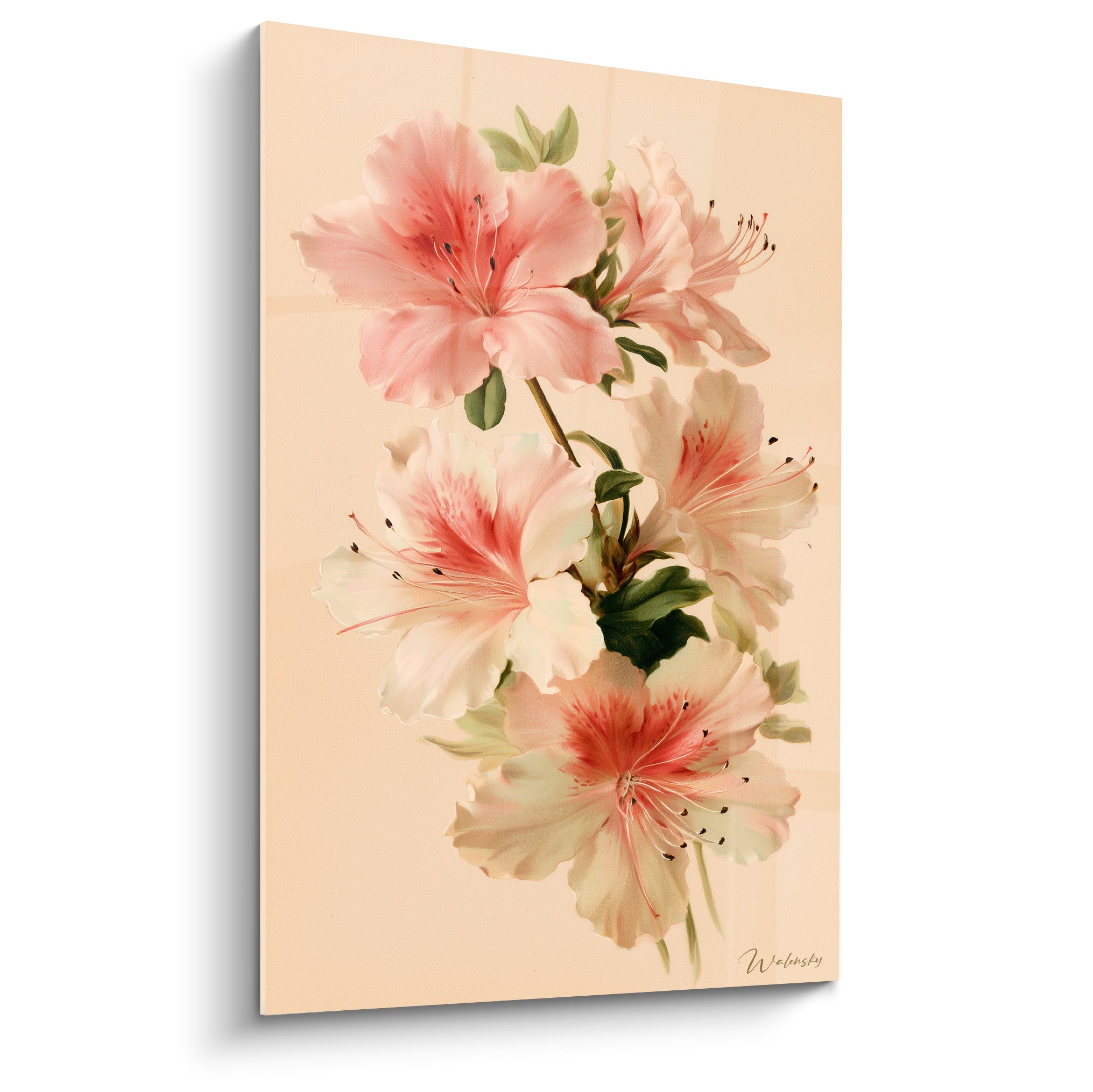 Azalées roses et blanches en grappe verticale sur fond beige, style aquarelle délicat