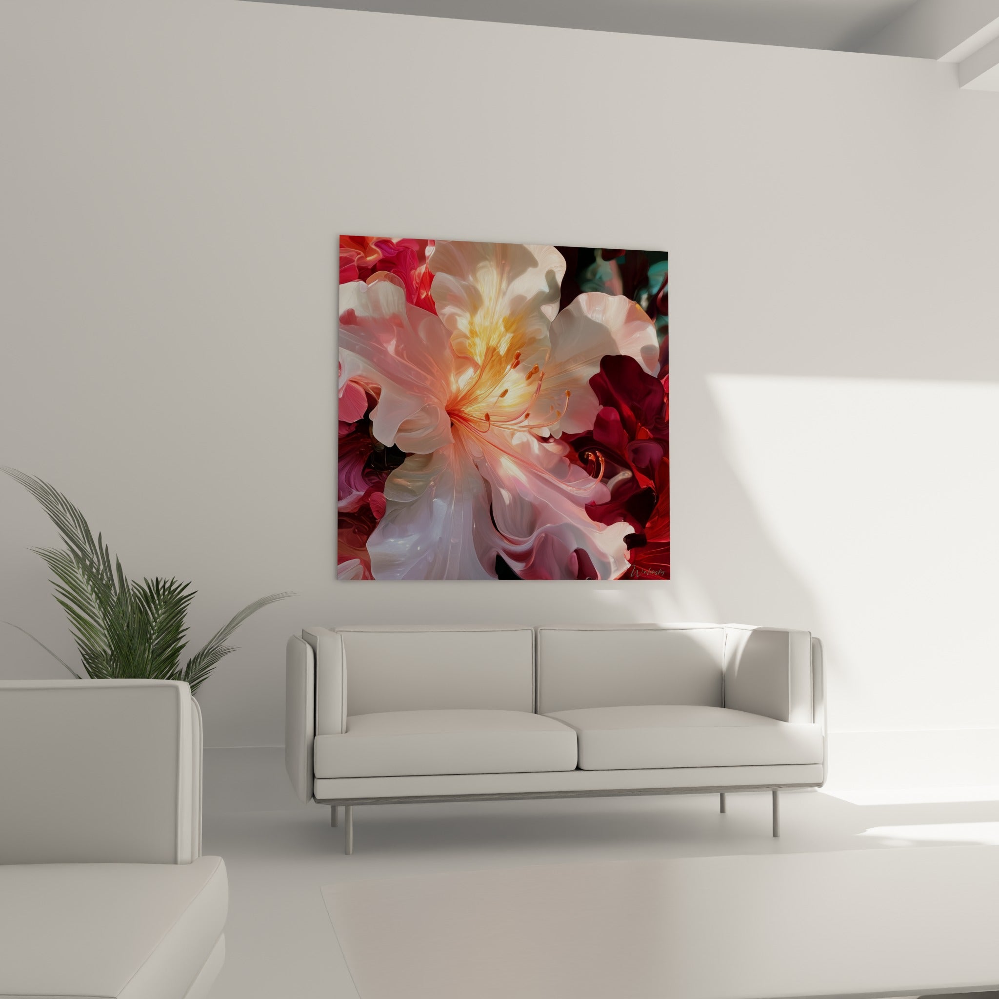 Fleur d'azalée rose et pourpre au-dessus d'un canapé dans un salon lumineux