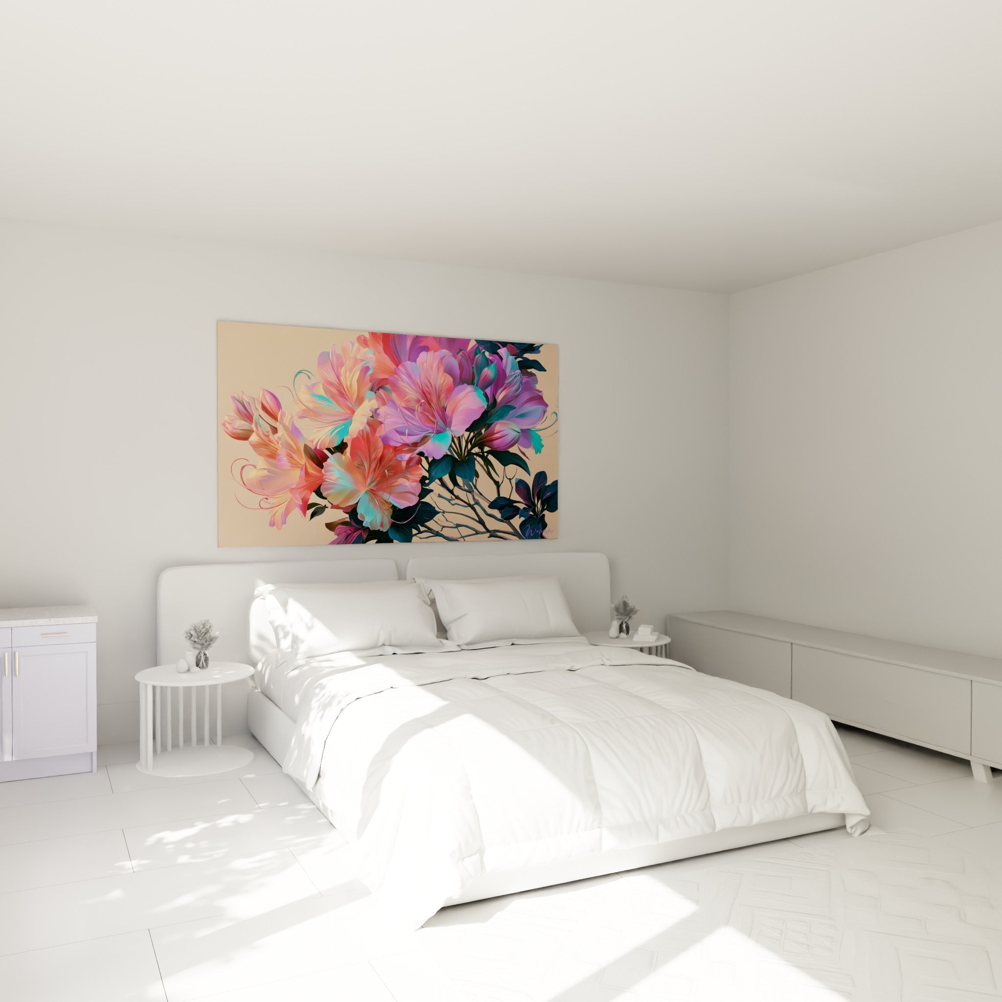 Bouquet d'azalées rose et violet aux courbes sculptées, au-dessus d'un lit dans une chambre claire