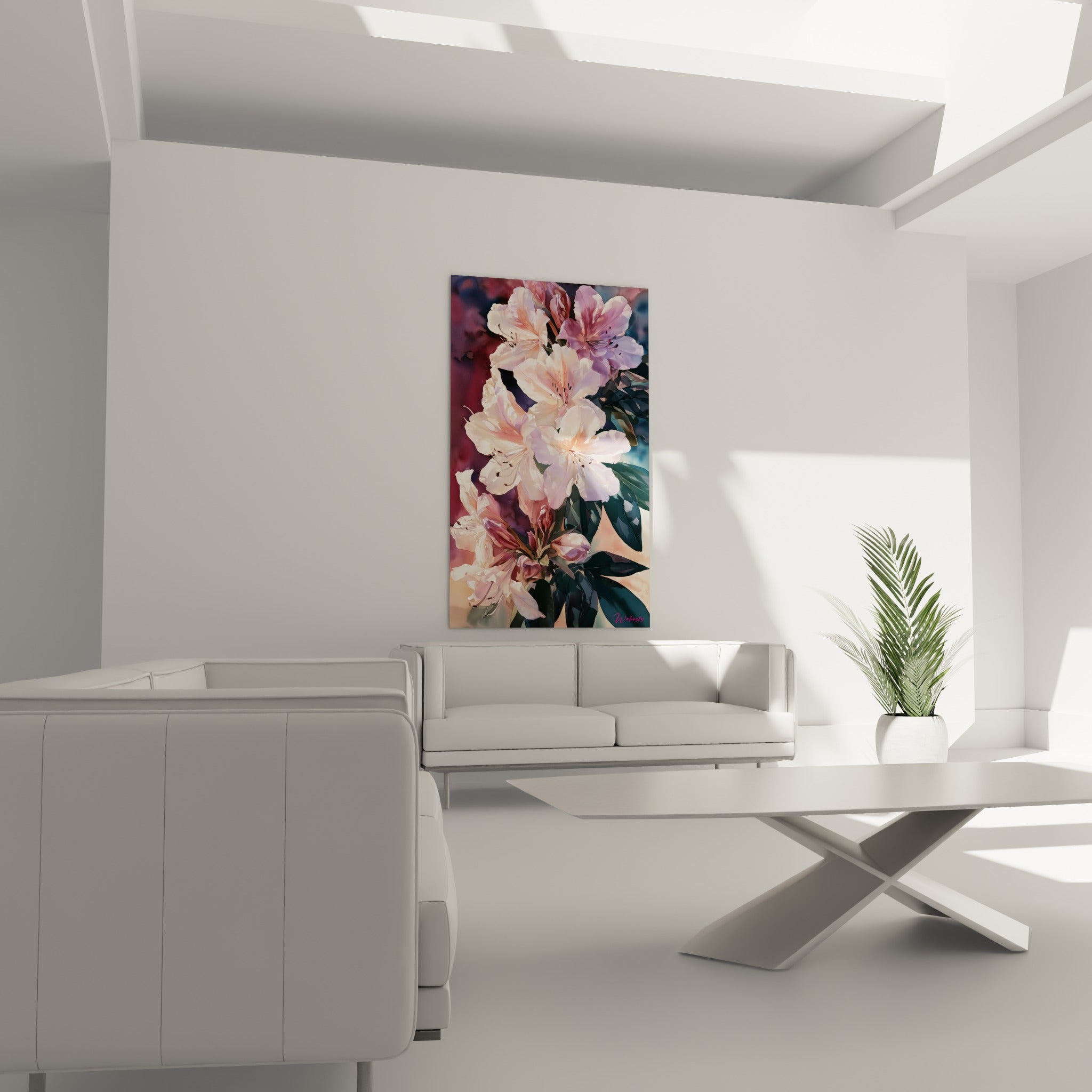Fleurs d'azalée rose poudré et blanc ivoire aux feuillages verts, au-dessus d'un canapé dans un salon lumineux