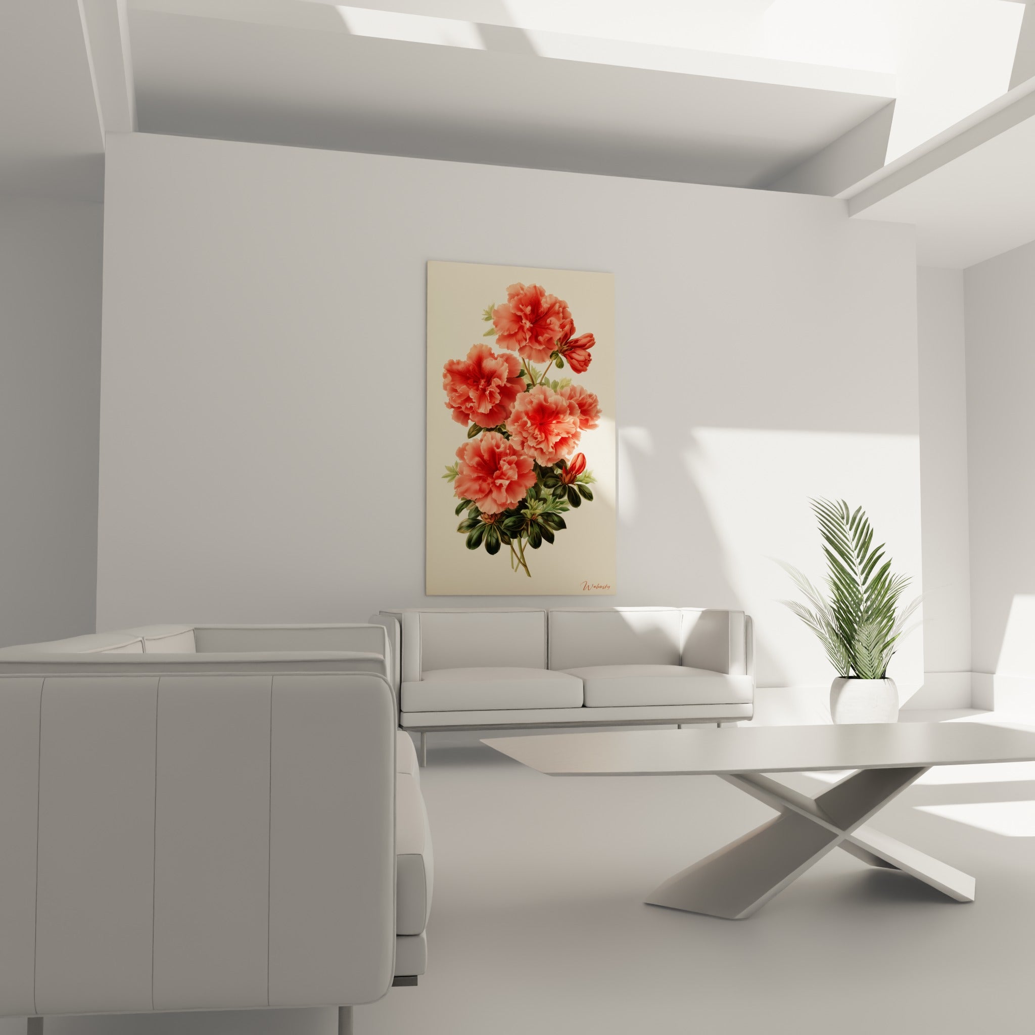 Fleurs d'azalée rouge et corail suspendues au-dessus d'un canapé dans un salon lumineux